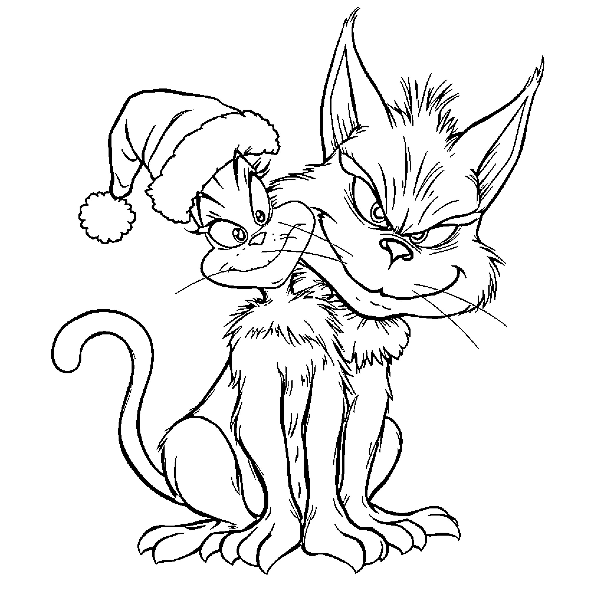 Cat wearing Santa hat and making a mischievous expression Coloring Page (free black-and-white line drawing printable PDF for all, from beginners to advanced learners, including children, teens, adults, and seniors)