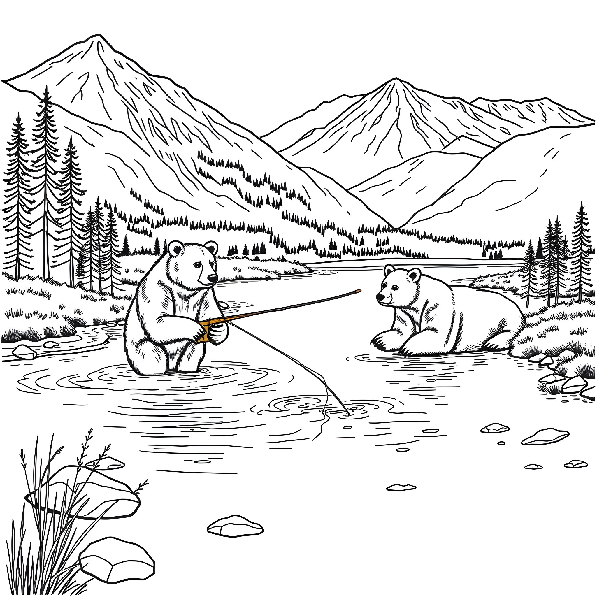 Bears Fishing in the Mountain Lake Coloring Page (free black-and-white line drawing printable PDF for all, from beginners to advanced learners, including children, teens, adults, and seniors)