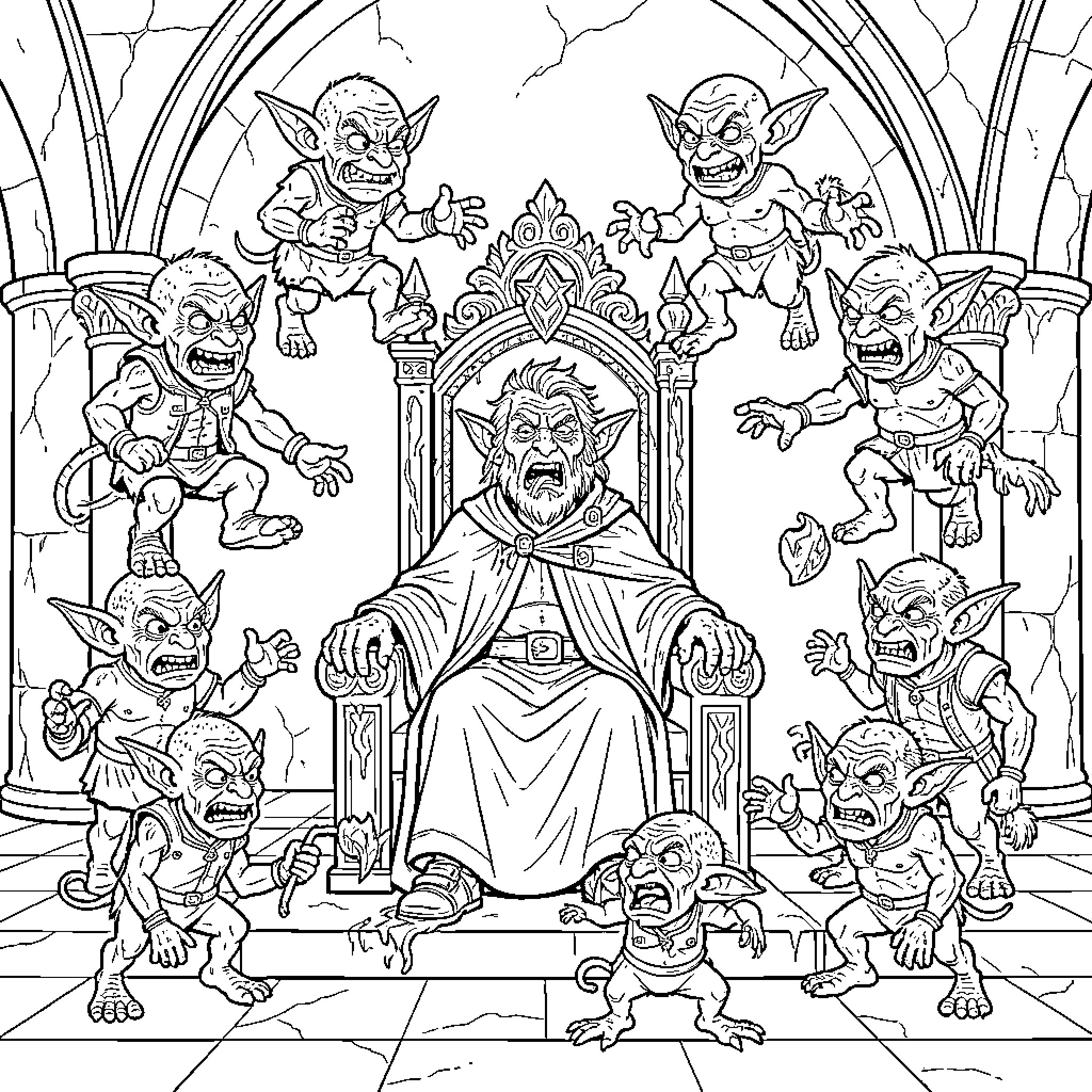 Goblin king sitting on a throne surrounded by minions Coloring Page (free black-and-white line drawing printable PDF for all, from beginners to advanced learners, including children, teens, adults, and seniors)