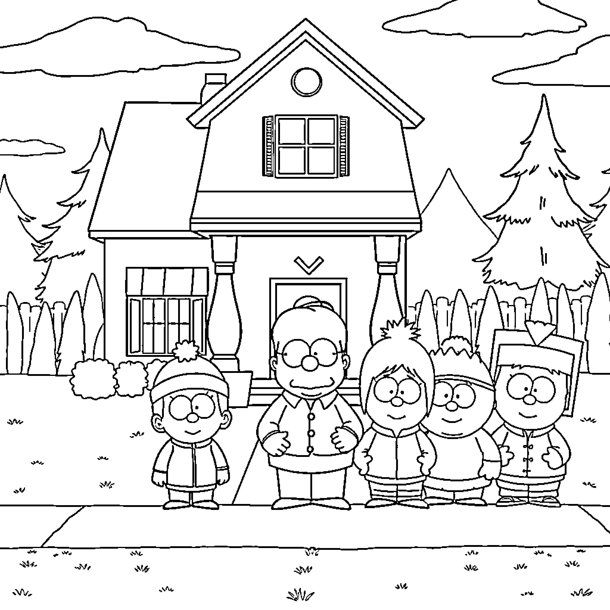 Simpsons House with Family Outside Coloring Page (free black-and-white line drawing printable PDF for all, from beginners to advanced learners, including children, teens, adults, and seniors)
