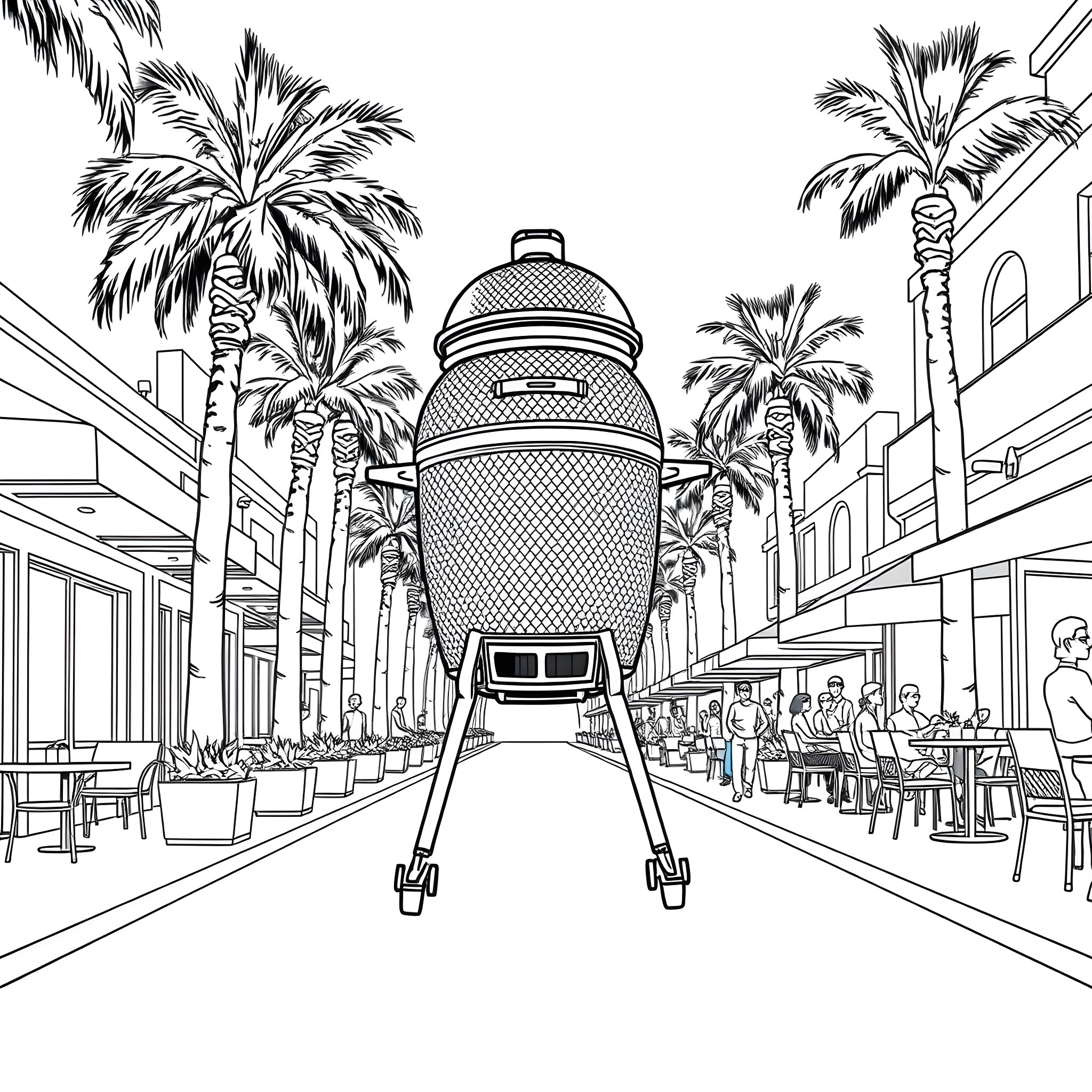 Kamado in a Lively Outdoor Marketplace Coloring Page (free black-and-white line drawing printable PDF for all, from beginners to advanced learners, including children, teens, adults, and seniors)
