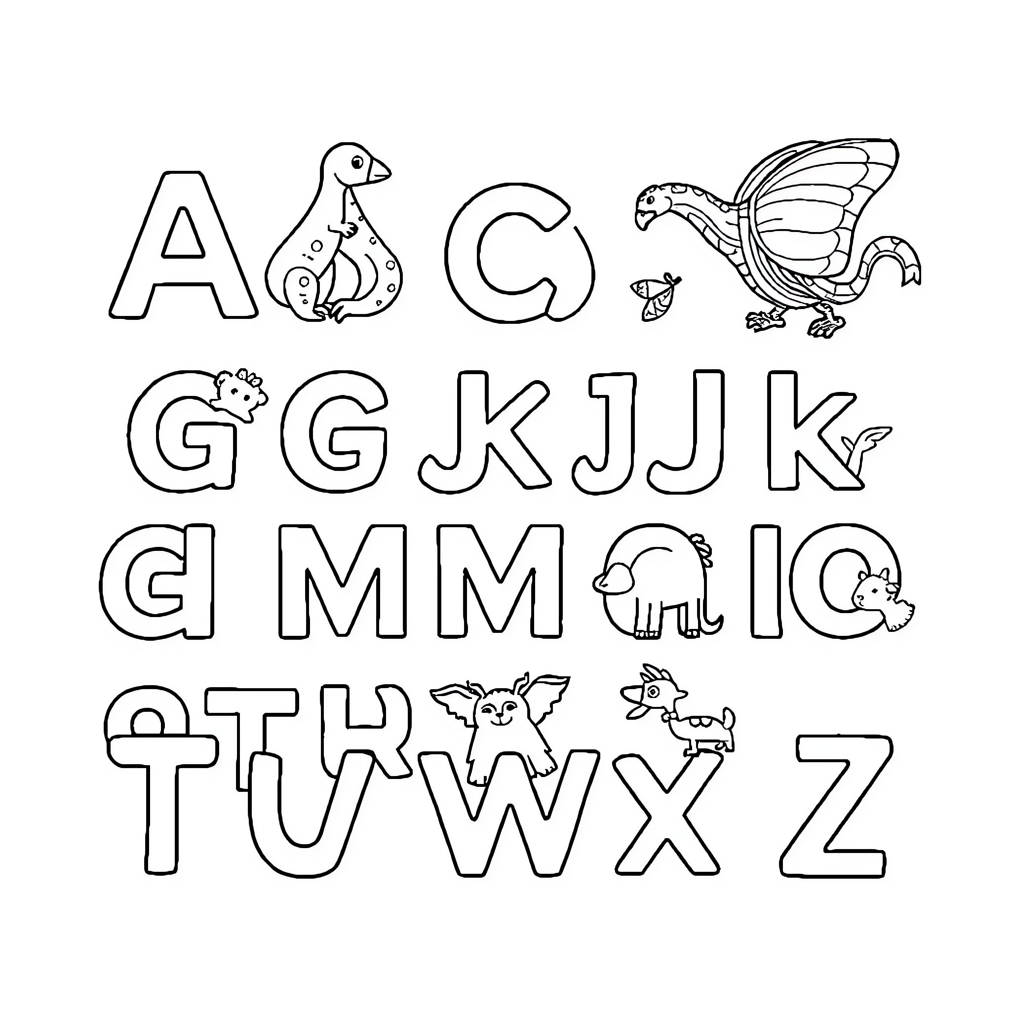 Animal Alphabet with Playful Creatures Coloring Page (free black-and-white line drawing printable PDF for all, from beginners to advanced learners, including children, teens, adults, and seniors)