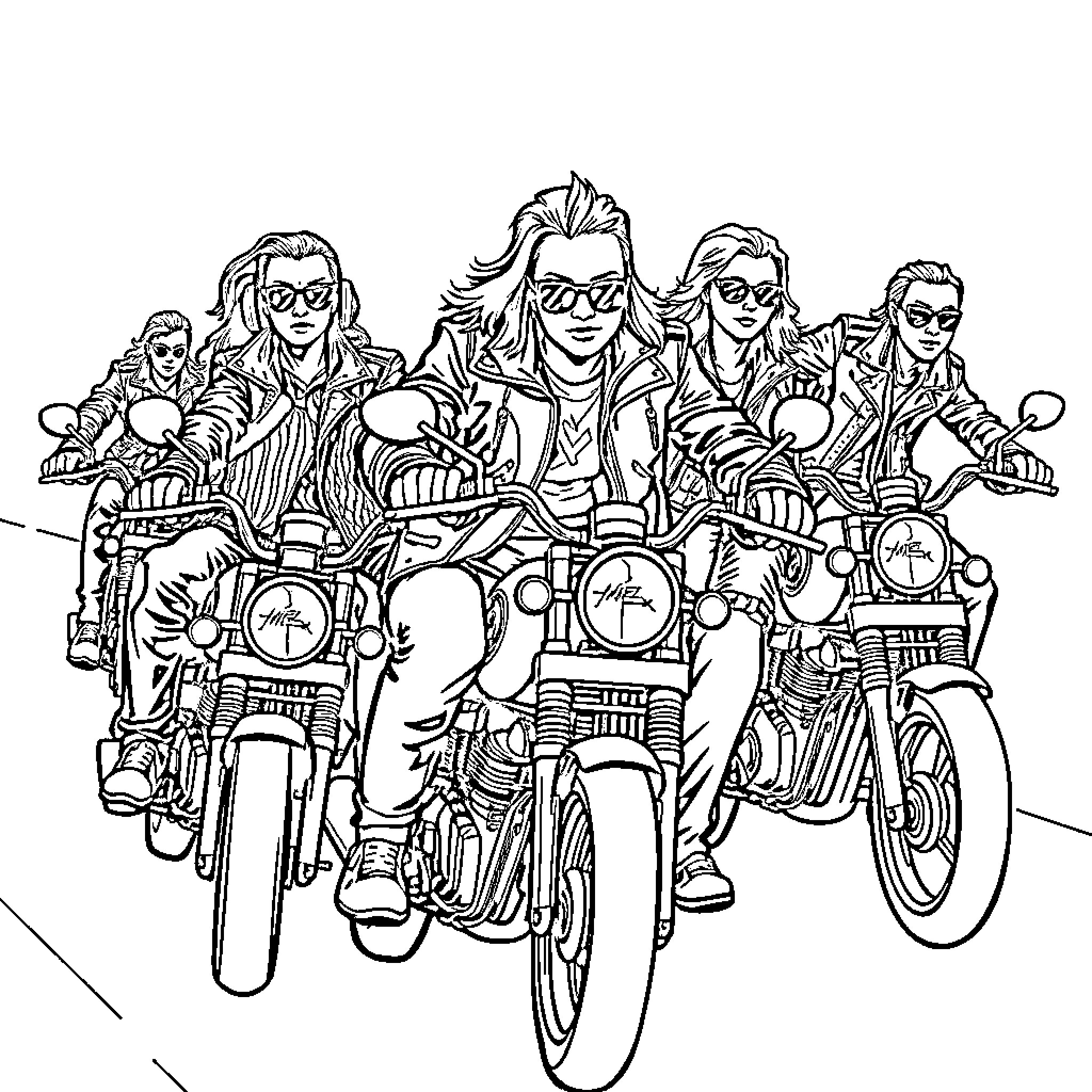Bike gang riding together in style Coloring Page (free black-and-white line drawing printable PDF for all, from beginners to advanced learners, including children, teens, adults, and seniors)