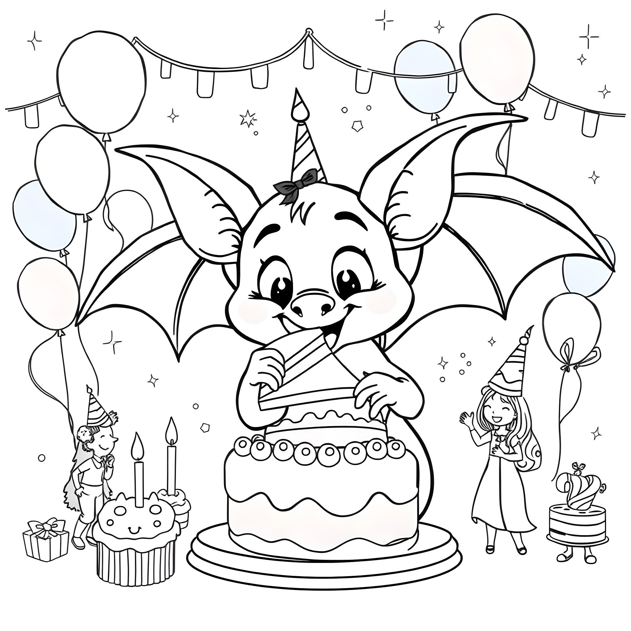 Bat enjoying a birthday party with friends Coloring Page (free black-and-white line drawing printable PDF for all, from beginners to advanced learners, including children, teens, adults, and seniors)