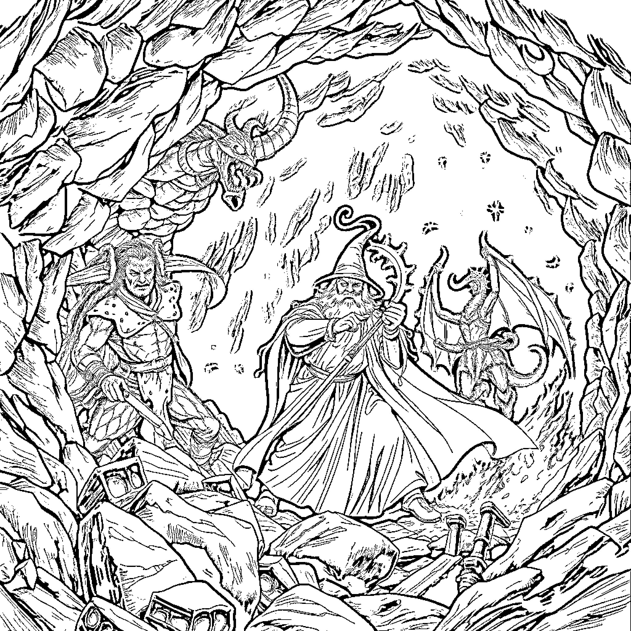 Gandalf confronting the dark forces in a mystical realm Coloring Page (free black-and-white line drawing printable PDF for all, from beginners to advanced learners, including children, teens, adults, and seniors)
