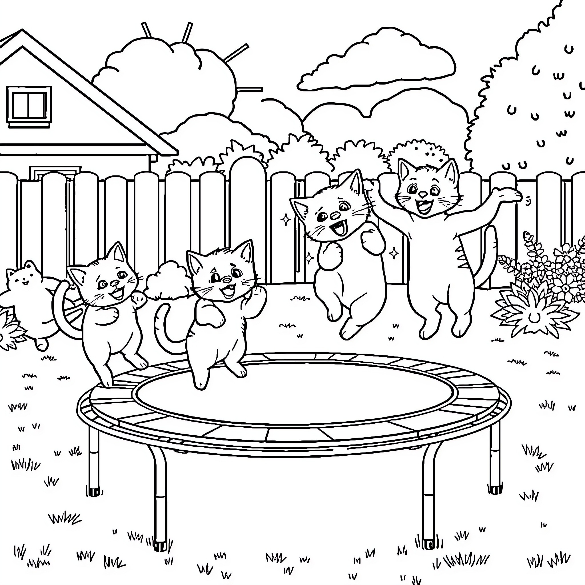 Kitty cats frolicking on a trampoline Coloring Page (free black-and-white line drawing printable PDF for all, from beginners to advanced learners, including children, teens, adults, and seniors)