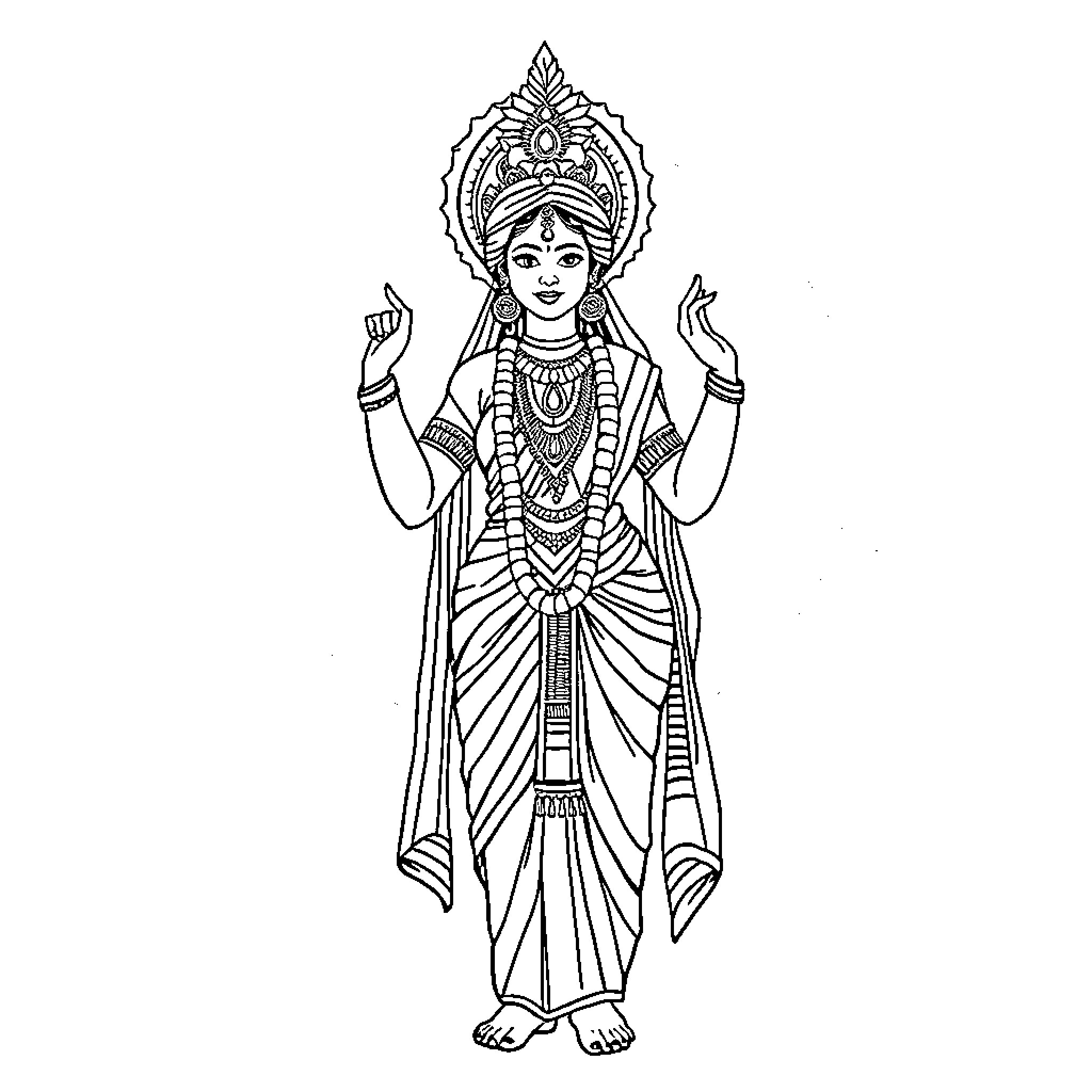 Goddess depicted in traditional Indian attire Coloring Page (free black-and-white line drawing printable PDF for all, from beginners to advanced learners, including children, teens, adults, and seniors)
