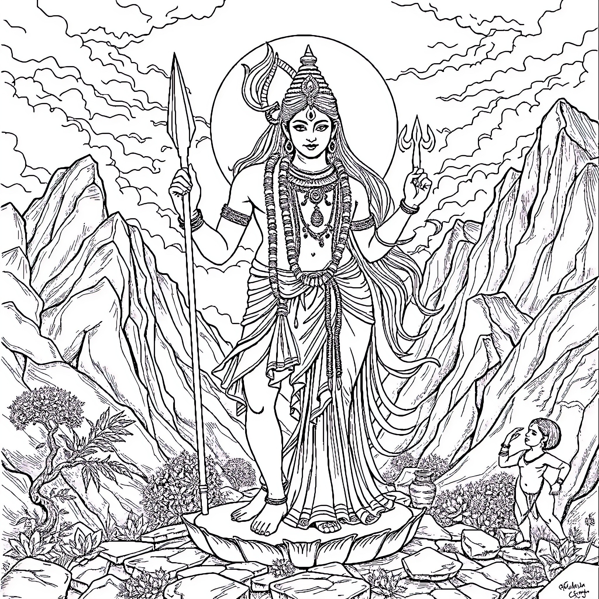 Ardhnarishwar - Powerful deity in sacred mountain landscape Coloring Page (free black-and-white line drawing printable PDF for all, from beginners to advanced learners, including children, teens, adults, and seniors)