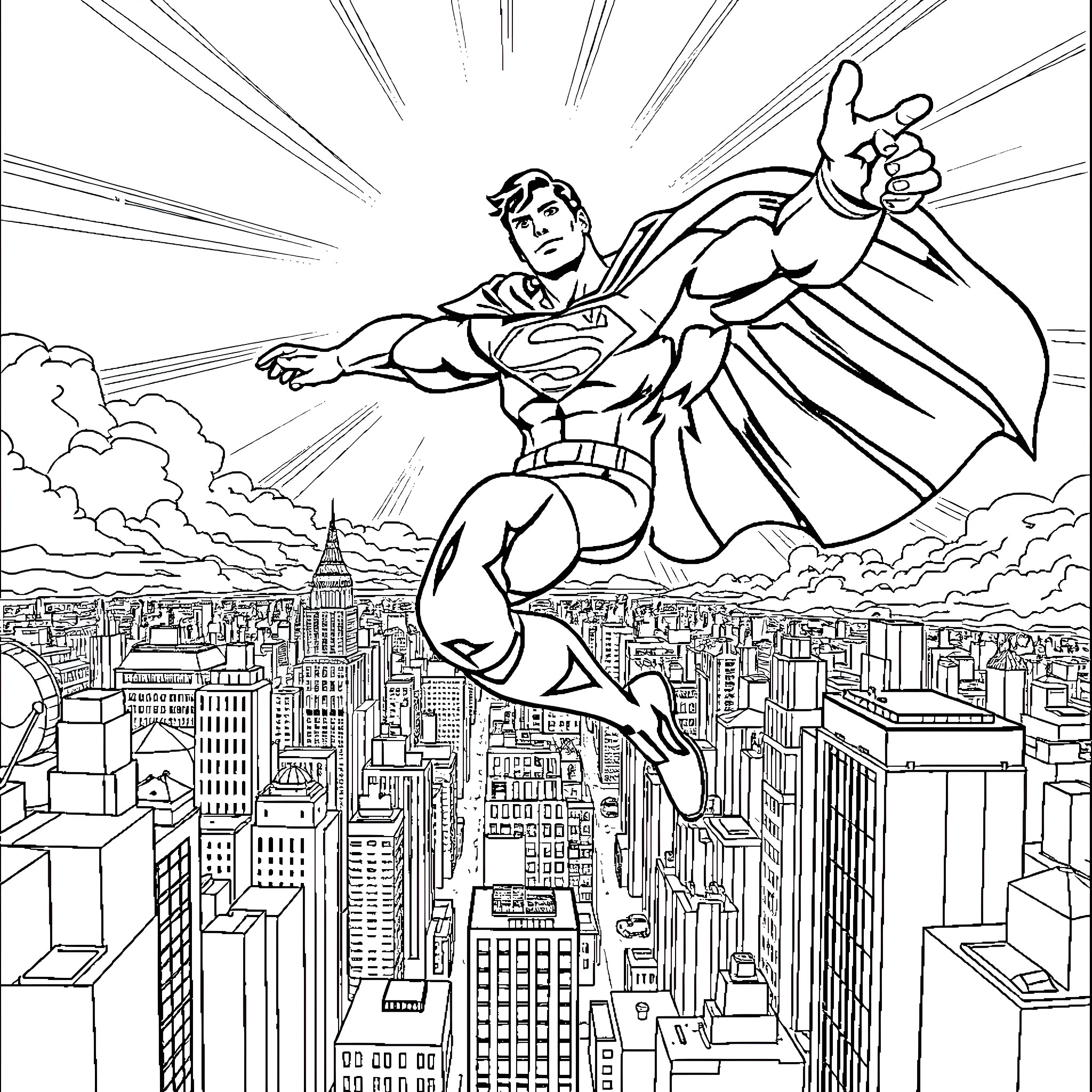 Superman flying over the city with determination Coloring Page (free black-and-white line drawing printable PDF for all, from beginners to advanced learners, including children, teens, adults, and seniors)