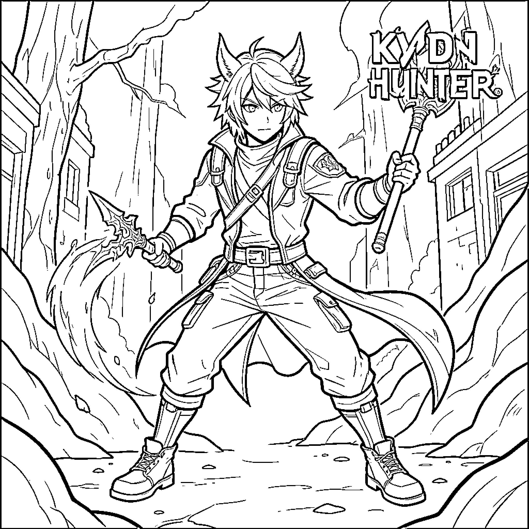 Kpop Demon Hunter wielding mystical weapons in a forest Coloring Page (free black-and-white line drawing printable PDF for all, from beginners to advanced learners, including children, teens, adults, and seniors)