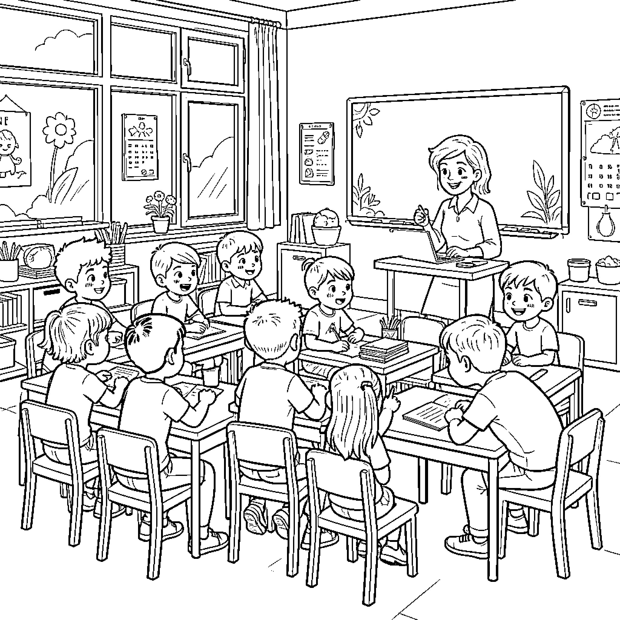 Kid students learning in a classroom with teacher Coloring Page (free black-and-white line drawing printable PDF for all, from beginners to advanced learners, including children, teens, adults, and seniors)