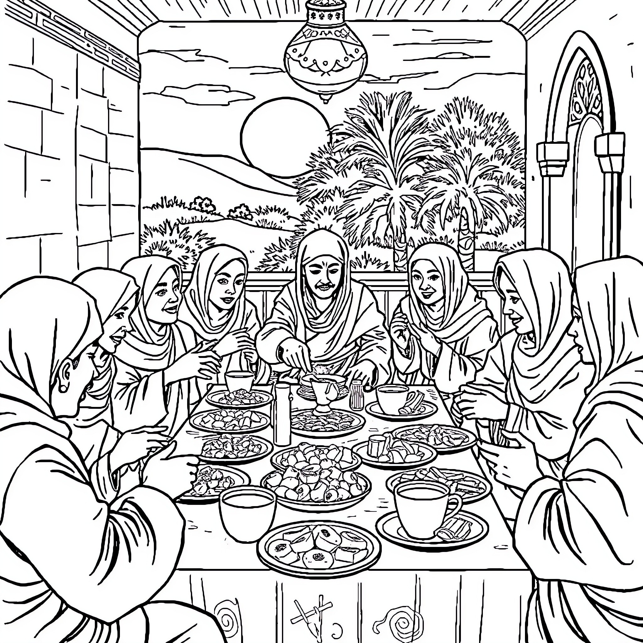 Tung Tung Gathering of Friends Enjoying Meal Together Coloring Page (free black-and-white line drawing printable PDF for all, from beginners to advanced learners, including children, teens, adults, and seniors)