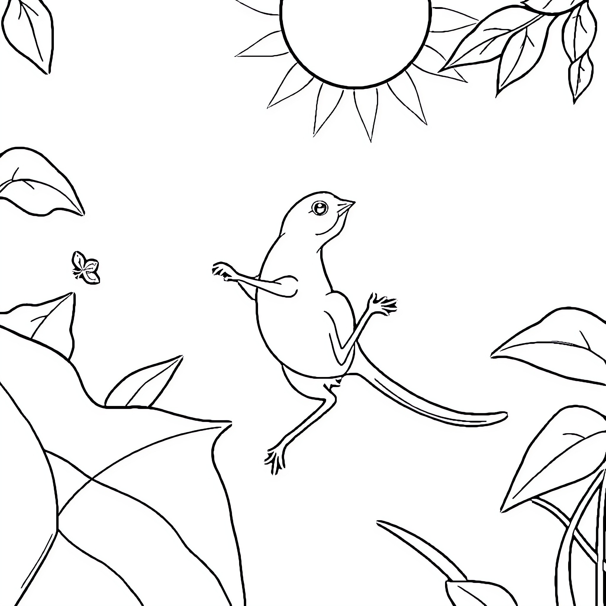Frog hopping among leaves and butterflies Coloring Page (free black-and-white line drawing printable PDF for all, from beginners to advanced learners, including children, teens, adults, and seniors)