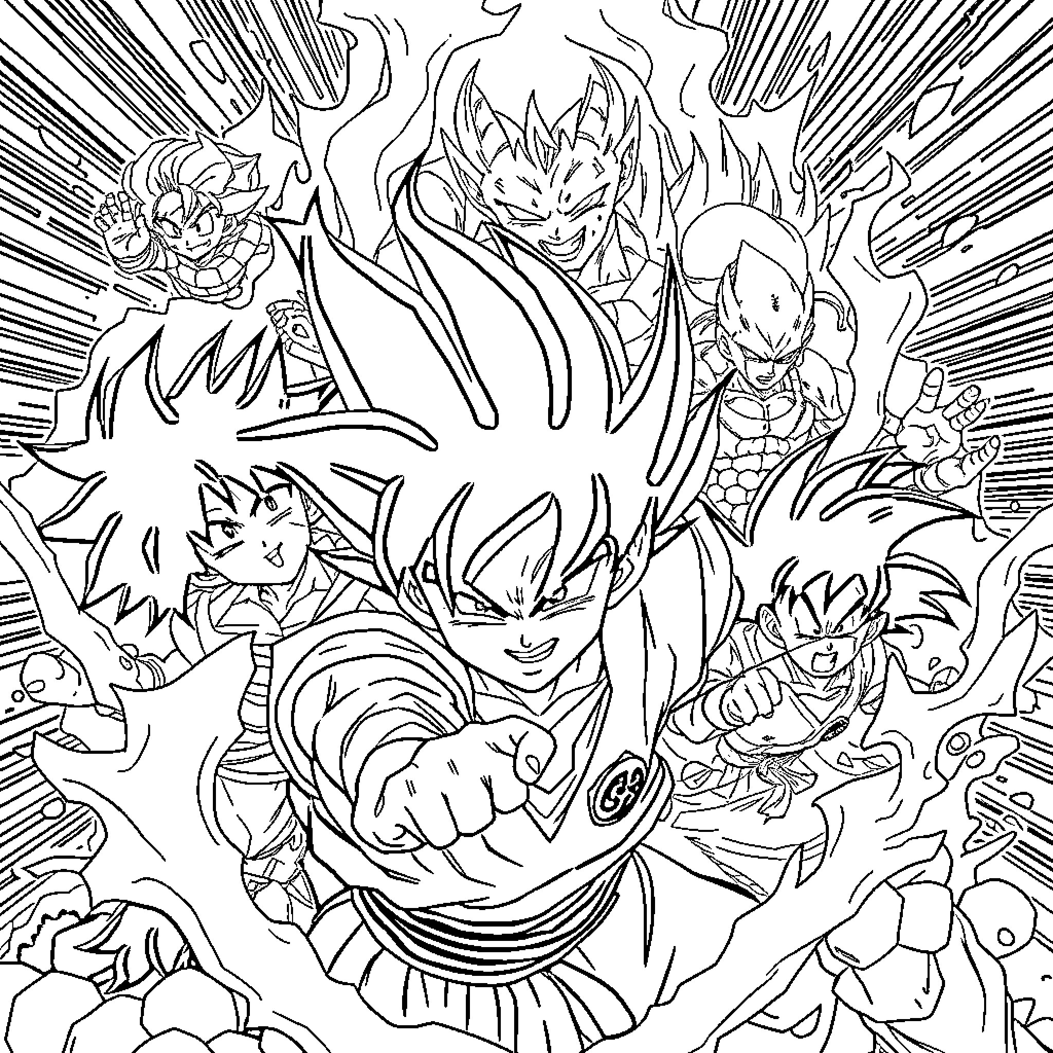 Dragon Ball characters in dynamic action poses Coloring Page (free black-and-white line drawing printable PDF for all, from beginners to advanced learners, including children, teens, adults, and seniors)