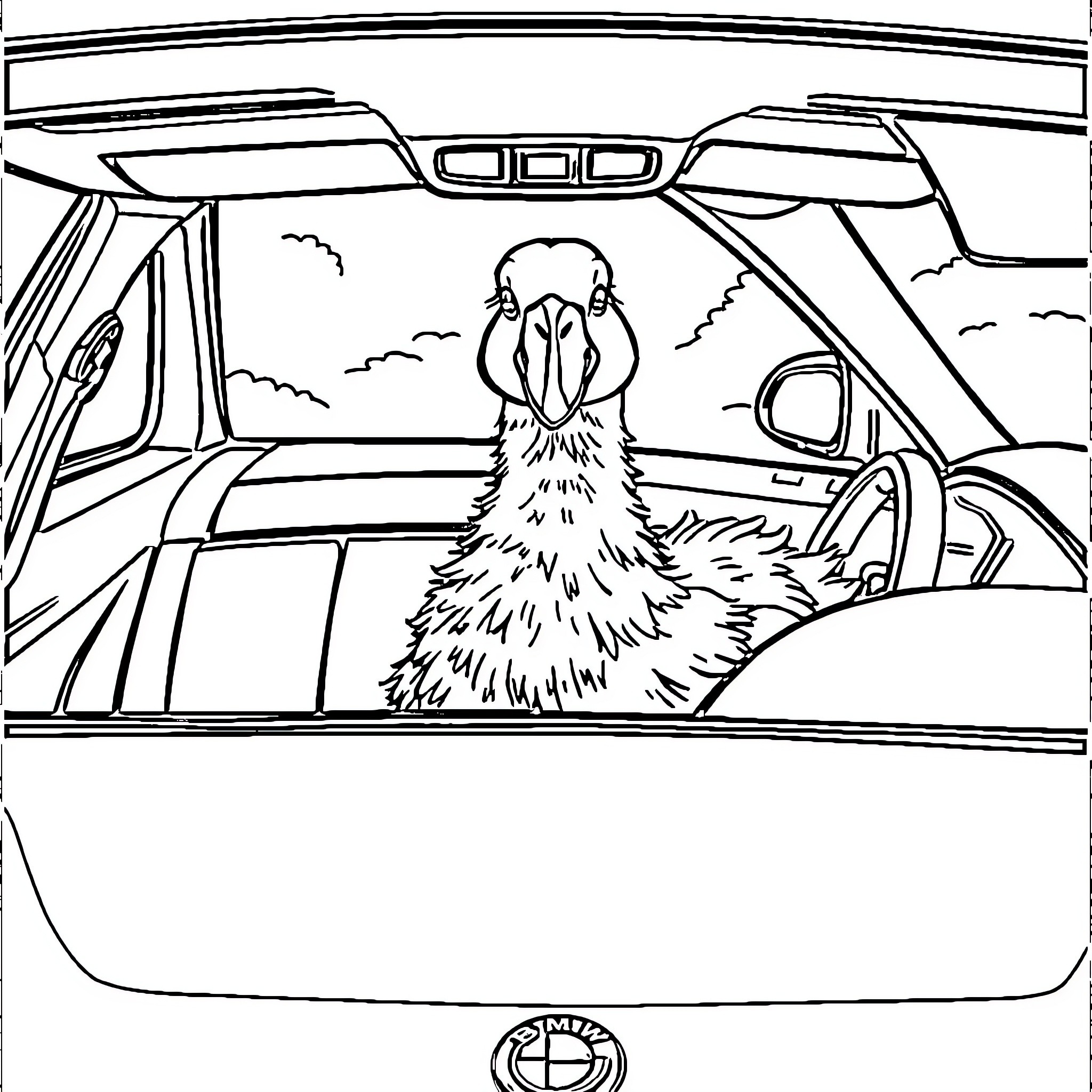 Goose peering out from inside car Coloring Page (free black-and-white line drawing printable PDF for all, from beginners to advanced learners, including children, teens, adults, and seniors)