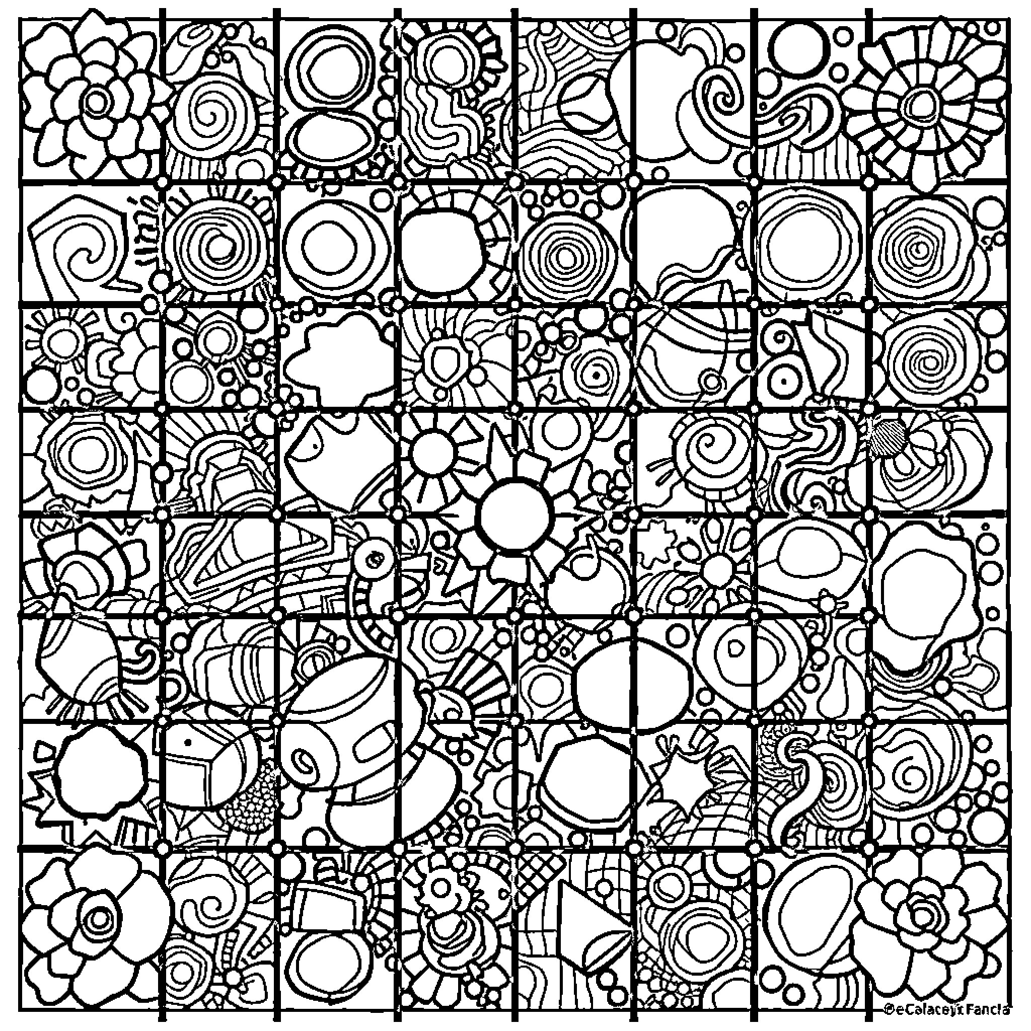 Brainrot Doodle Mosaic of Abstract Shapes and Patterns Coloring Page (free black-and-white line drawing printable PDF for all, from beginners to advanced learners, including children, teens, adults, and seniors)