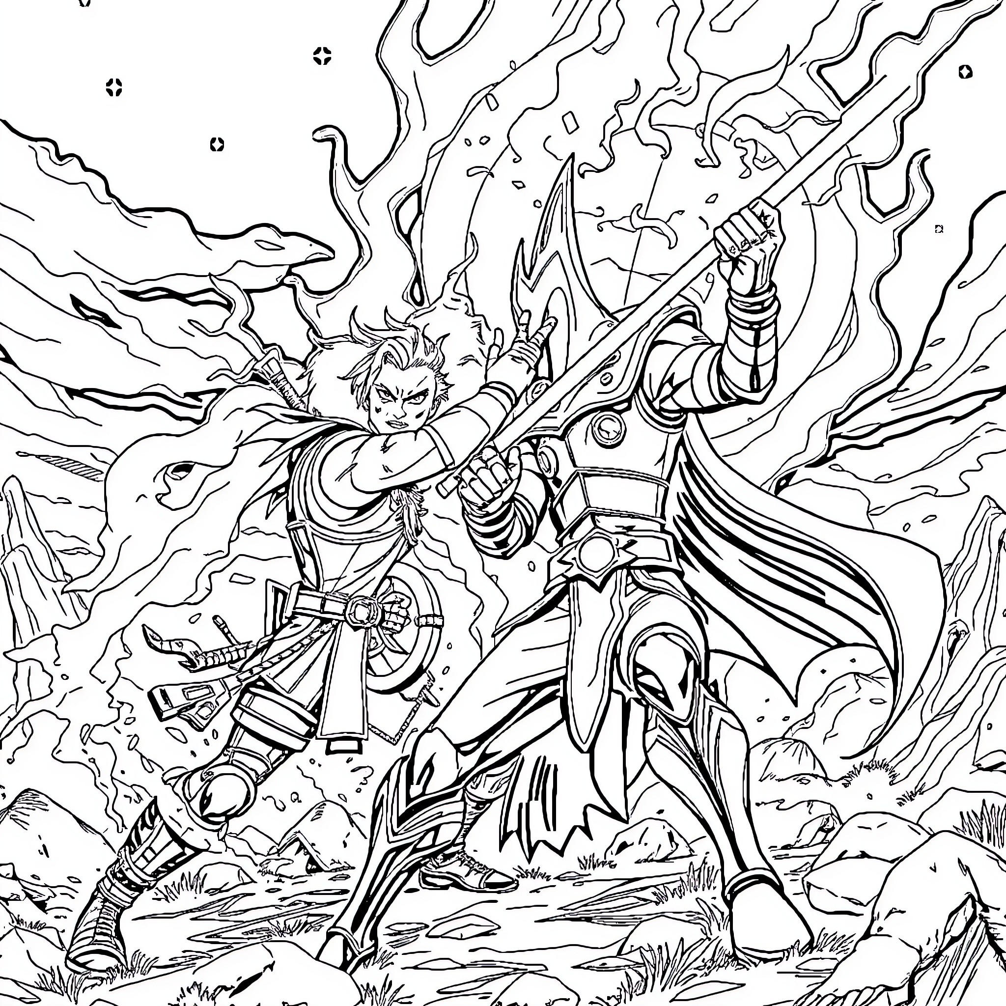 Fortnite: Epic Battle of Heroic Warrior Coloring Page (free black-and-white line drawing printable PDF for all, from beginners to advanced learners, including children, teens, adults, and seniors)