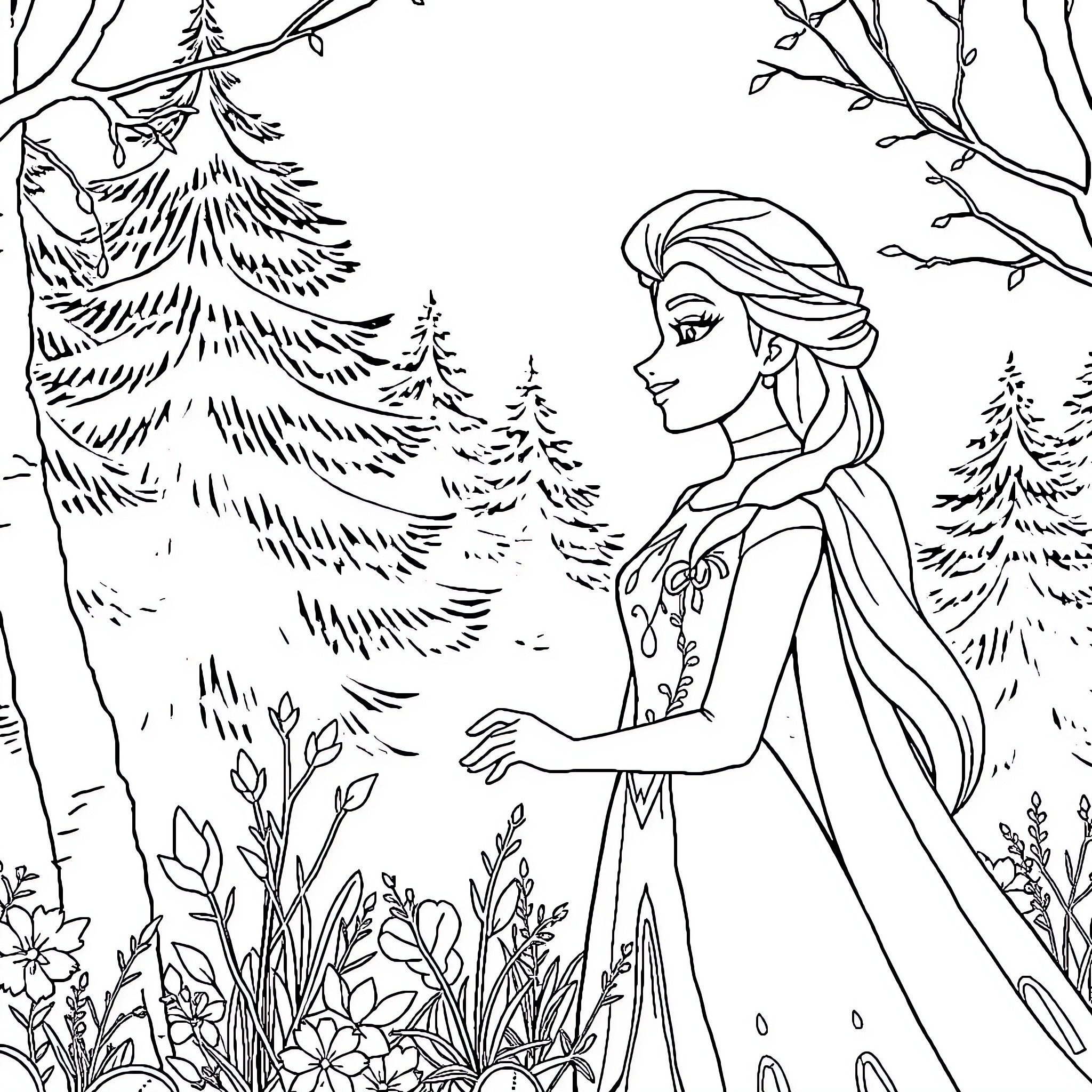 Princess in a Wintry Wonderland Coloring Page (free black-and-white line drawing printable PDF for all, from beginners to advanced learners, including children, teens, adults, and seniors)