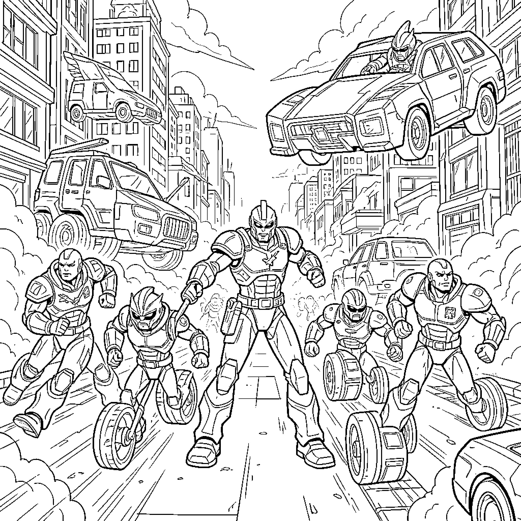 Jayce and armored heroes fighting in a futuristic city Coloring Page (free black-and-white line drawing printable PDF for all, from beginners to advanced learners, including children, teens, adults, and seniors)
