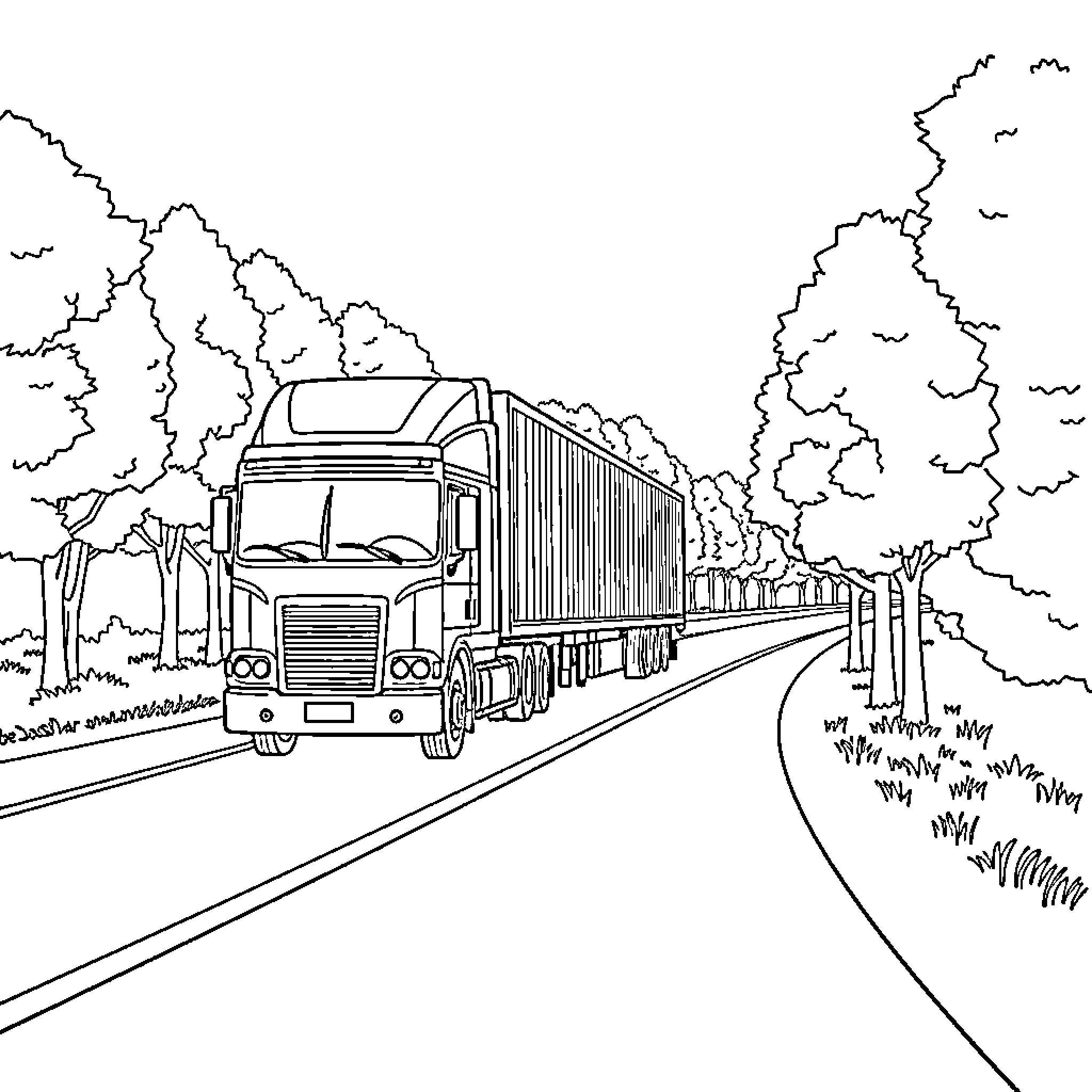 Truck transporting cargo through winding road in countryside Coloring Page (free black-and-white line drawing printable PDF for all, from beginners to advanced learners, including children, teens, adults, and seniors)
