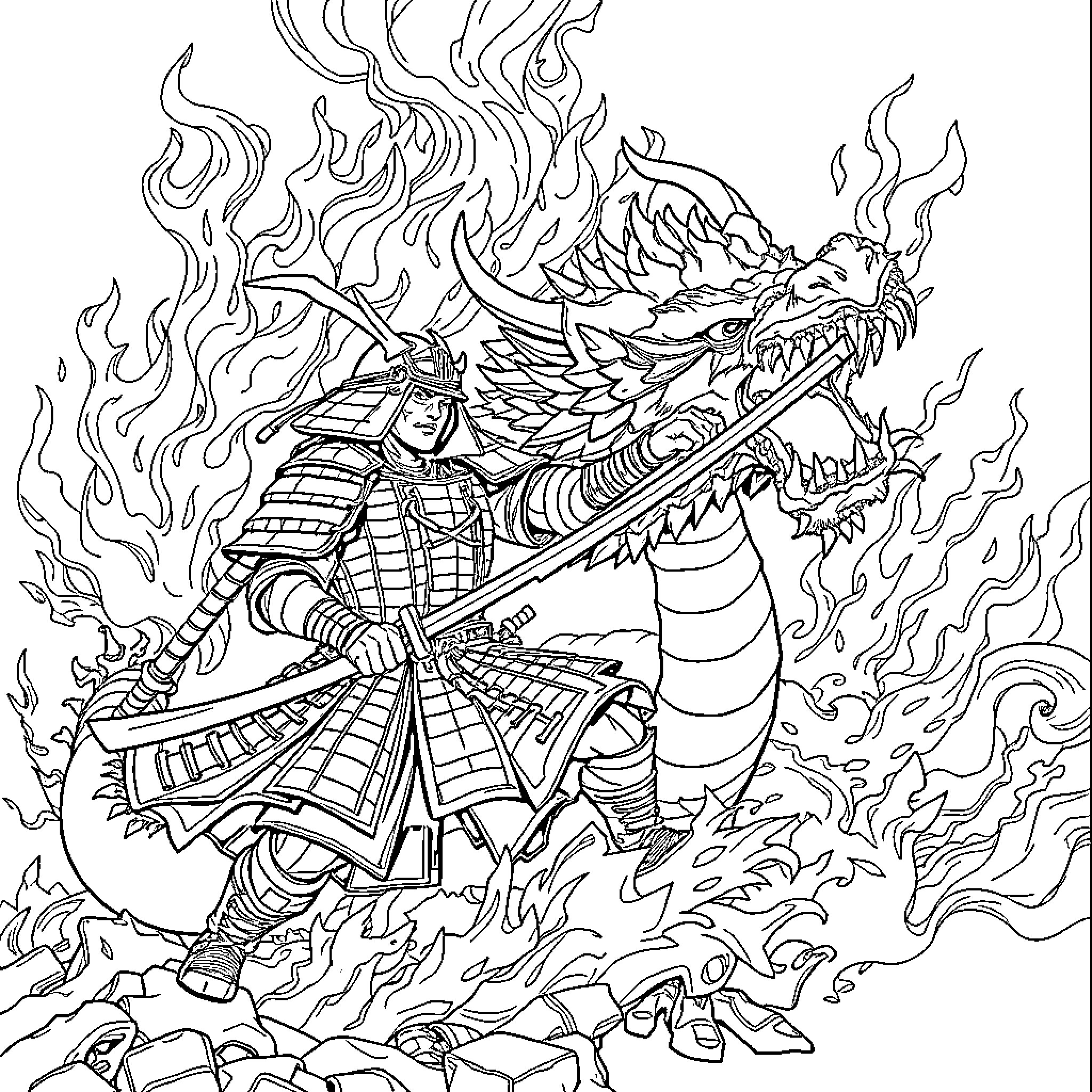 Samurai Warrior Battling Fierce Dragon Coloring Page (free black-and-white line drawing printable PDF for all, from beginners to advanced learners, including children, teens, adults, and seniors)