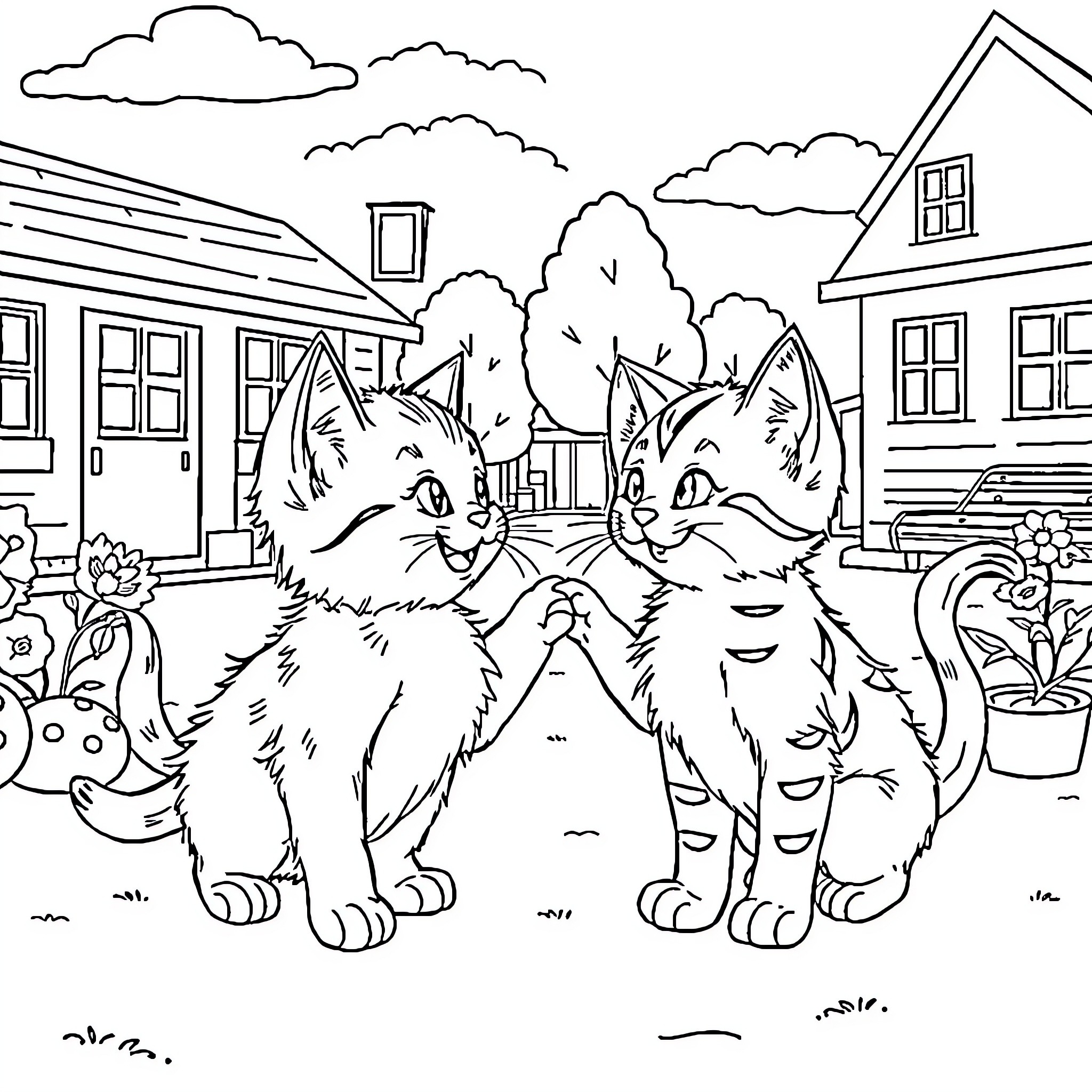 Kittens playing in a quaint neighborhood Coloring Page (free black-and-white line drawing printable PDF for all, from beginners to advanced learners, including children, teens, adults, and seniors)