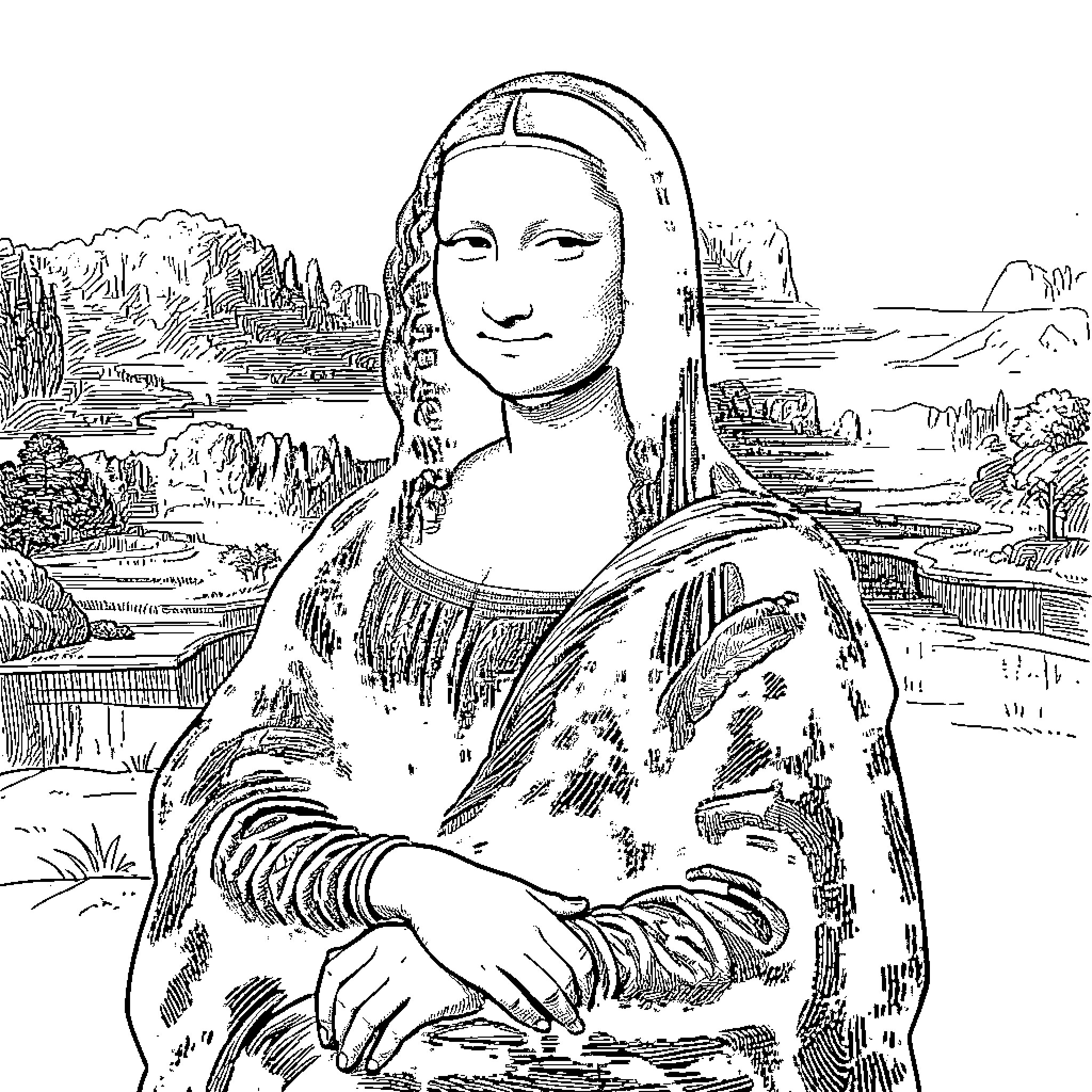 Mona Lisa posing with a subtle smile and landscape Coloring Page (free black-and-white line drawing printable PDF for all, from beginners to advanced learners, including children, teens, adults, and seniors)
