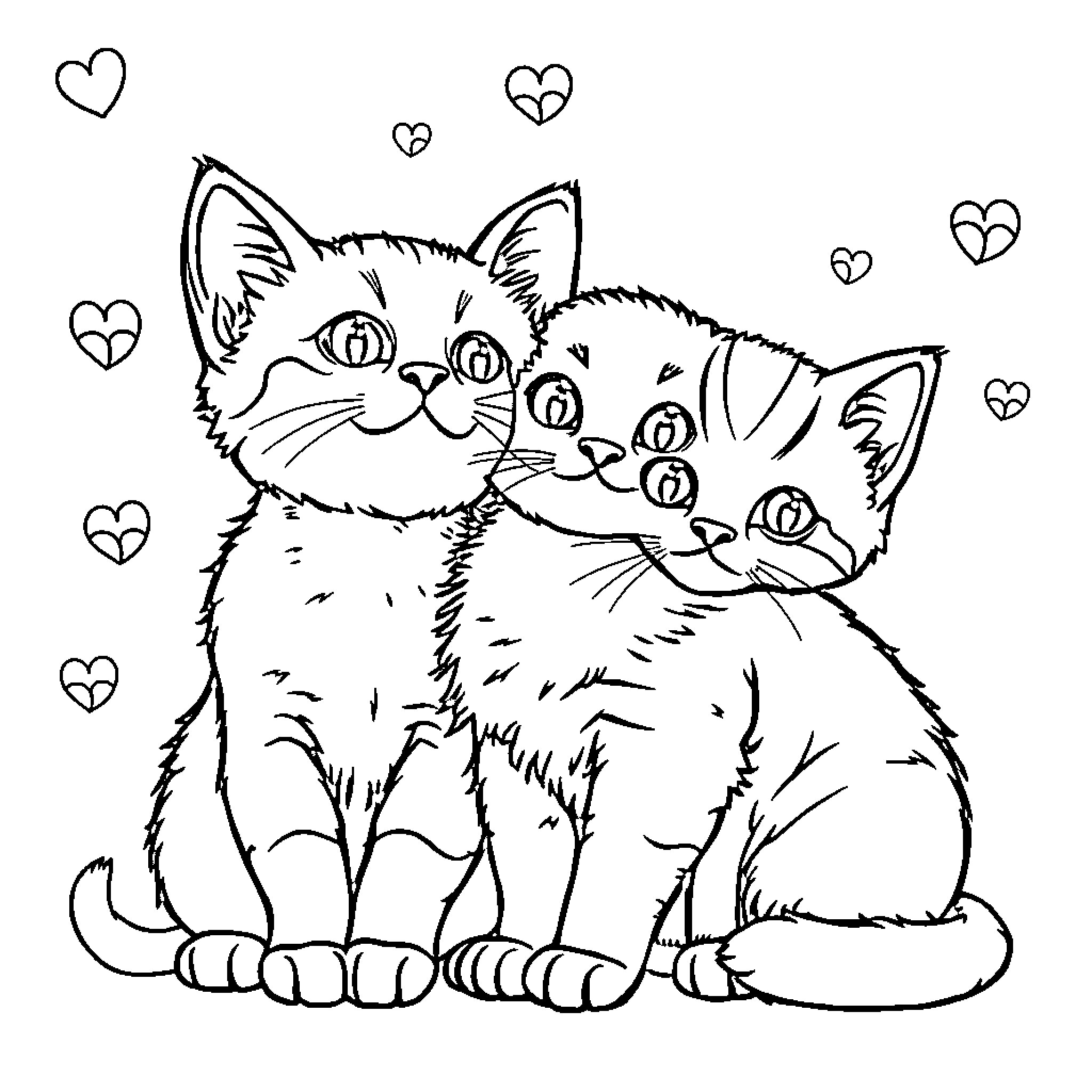 Animal kittens cuddling with hearts around Coloring Page (free black-and-white line drawing printable PDF for all, from beginners to advanced learners, including children, teens, adults, and seniors)