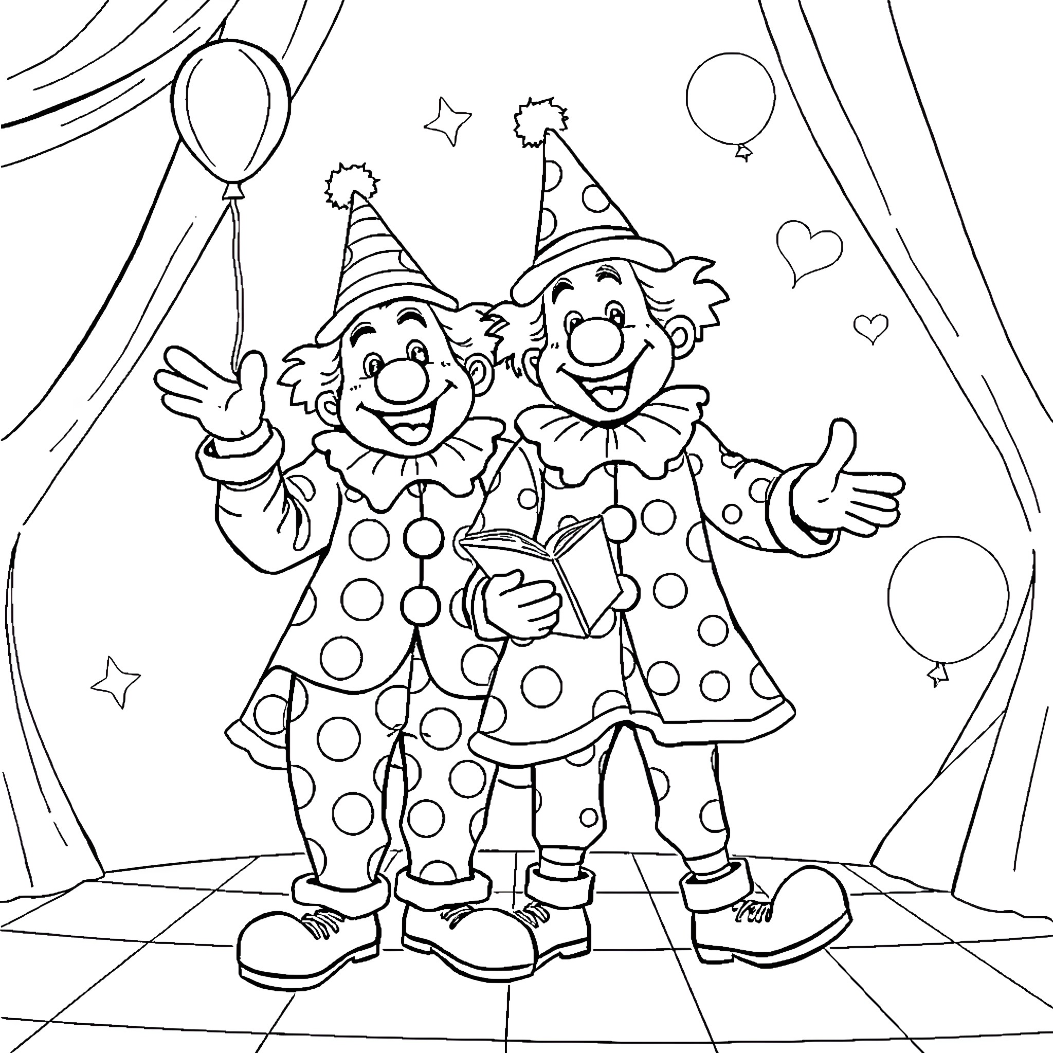 Bassie en Adriaan perform as cheerful clowns Coloring Page (free black-and-white line drawing printable PDF for all, from beginners to advanced learners, including children, teens, adults, and seniors)