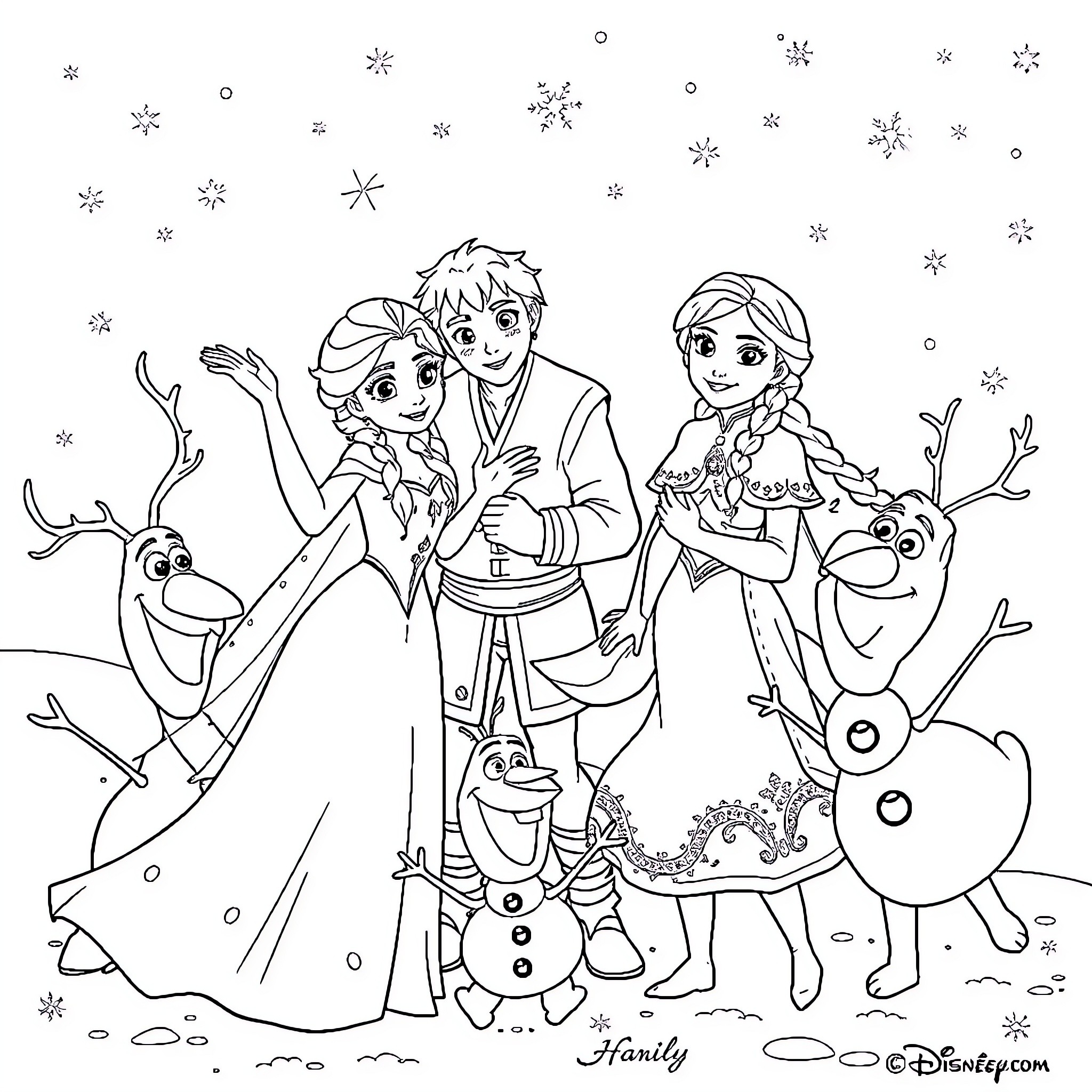 Elsa and Anna enjoy a snowy adventure with family Coloring Page (free black-and-white line drawing printable PDF for all, from beginners to advanced learners, including children, teens, adults, and seniors)