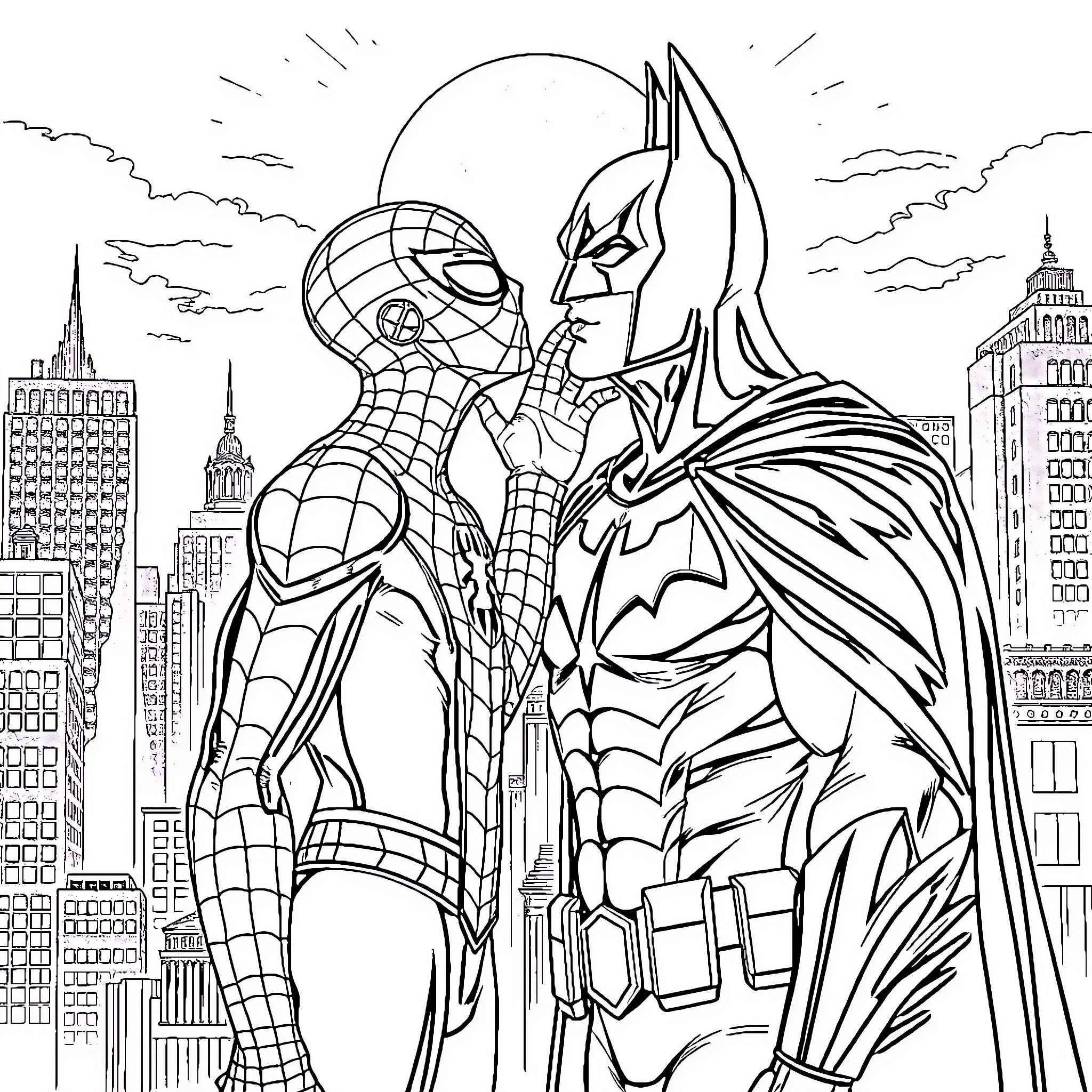 Spiderman and Batman in epic city skyline Coloring Page (free black-and-white line drawing printable PDF for all, from beginners to advanced learners, including children, teens, adults, and seniors)