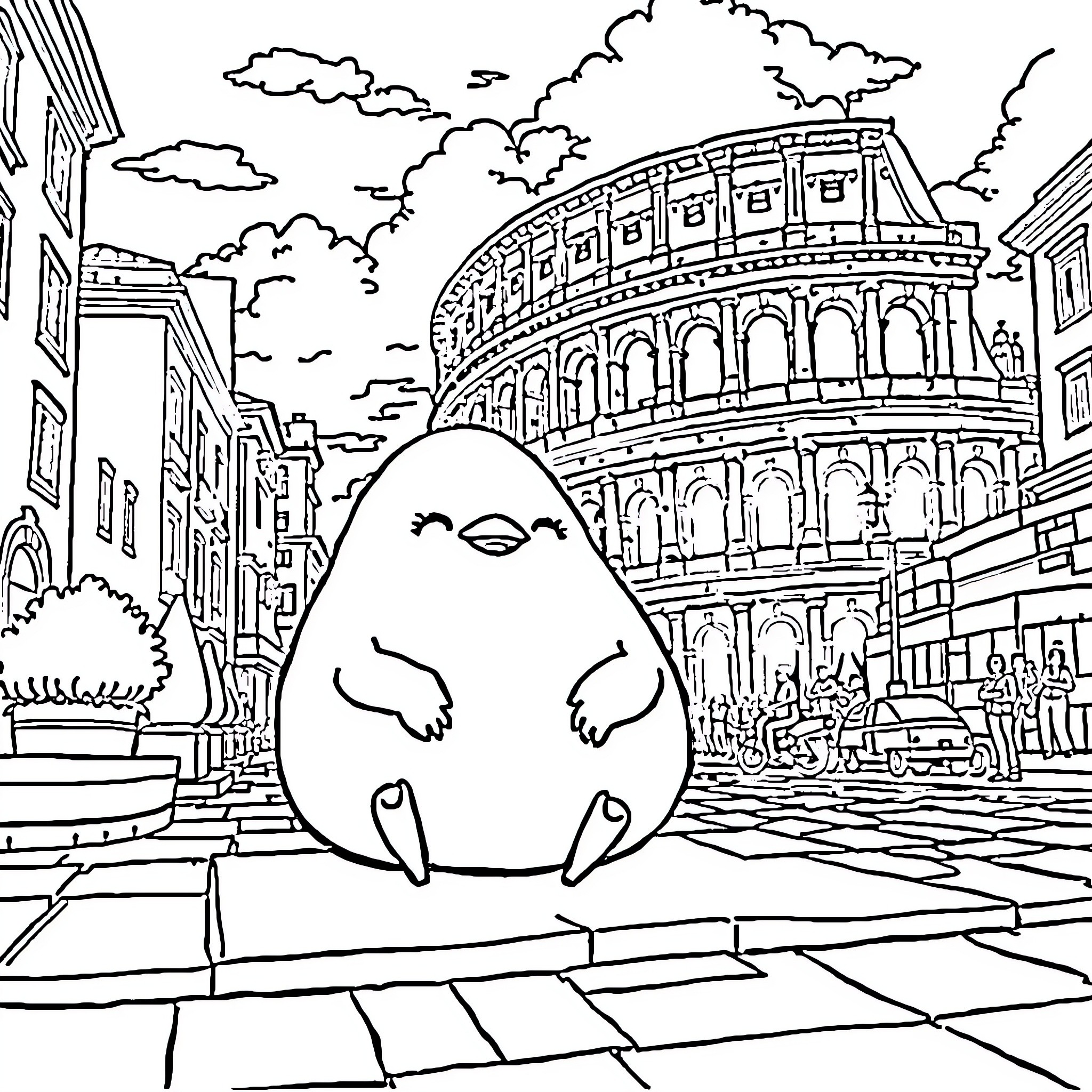 Gudetama Relaxing in Rome Coloring Page (free black-and-white line drawing printable PDF for all, from beginners to advanced learners, including children, teens, adults, and seniors)