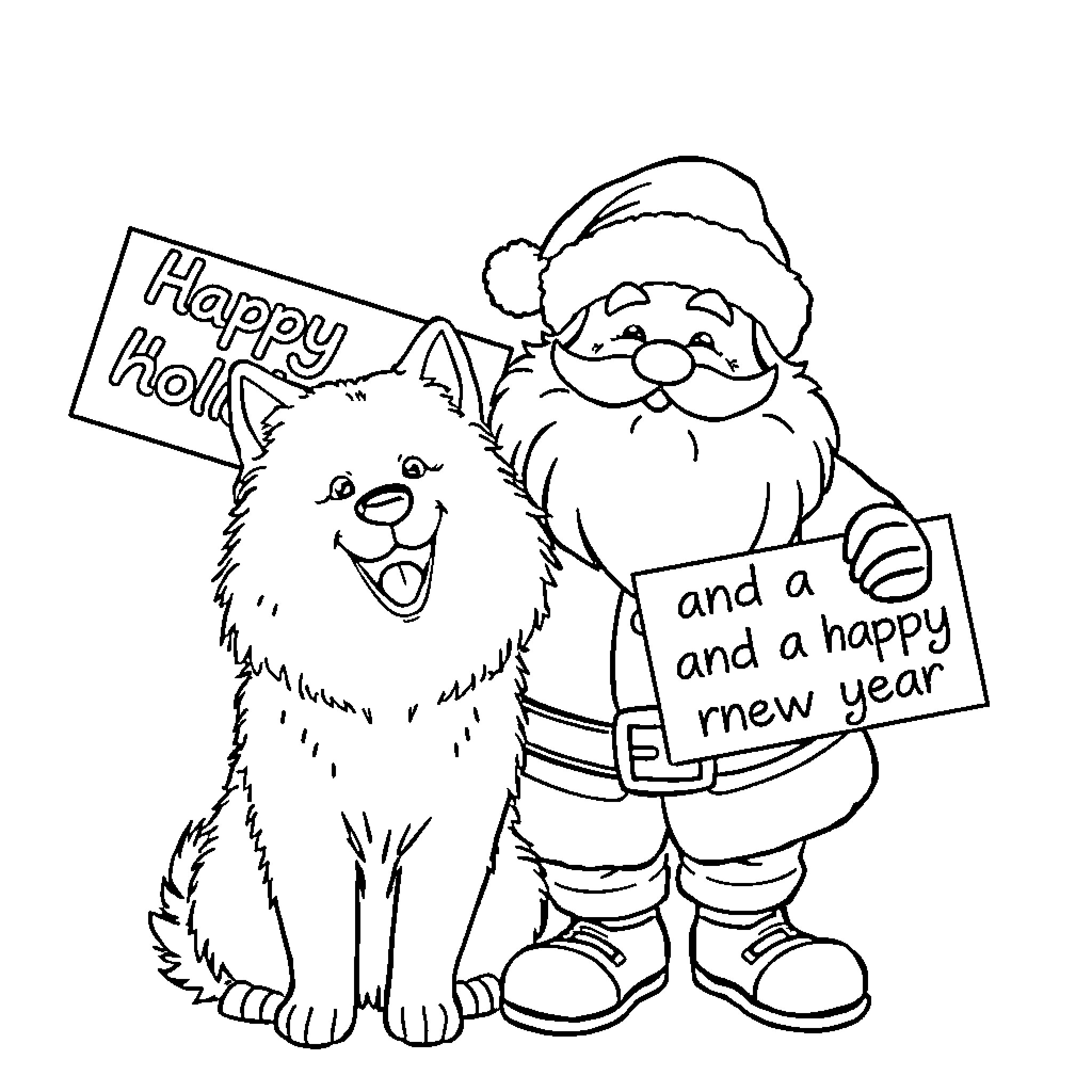 Santa greeting with dog and happy new year sign Coloring Page (free black-and-white line drawing printable PDF for all, from beginners to advanced learners, including children, teens, adults, and seniors)