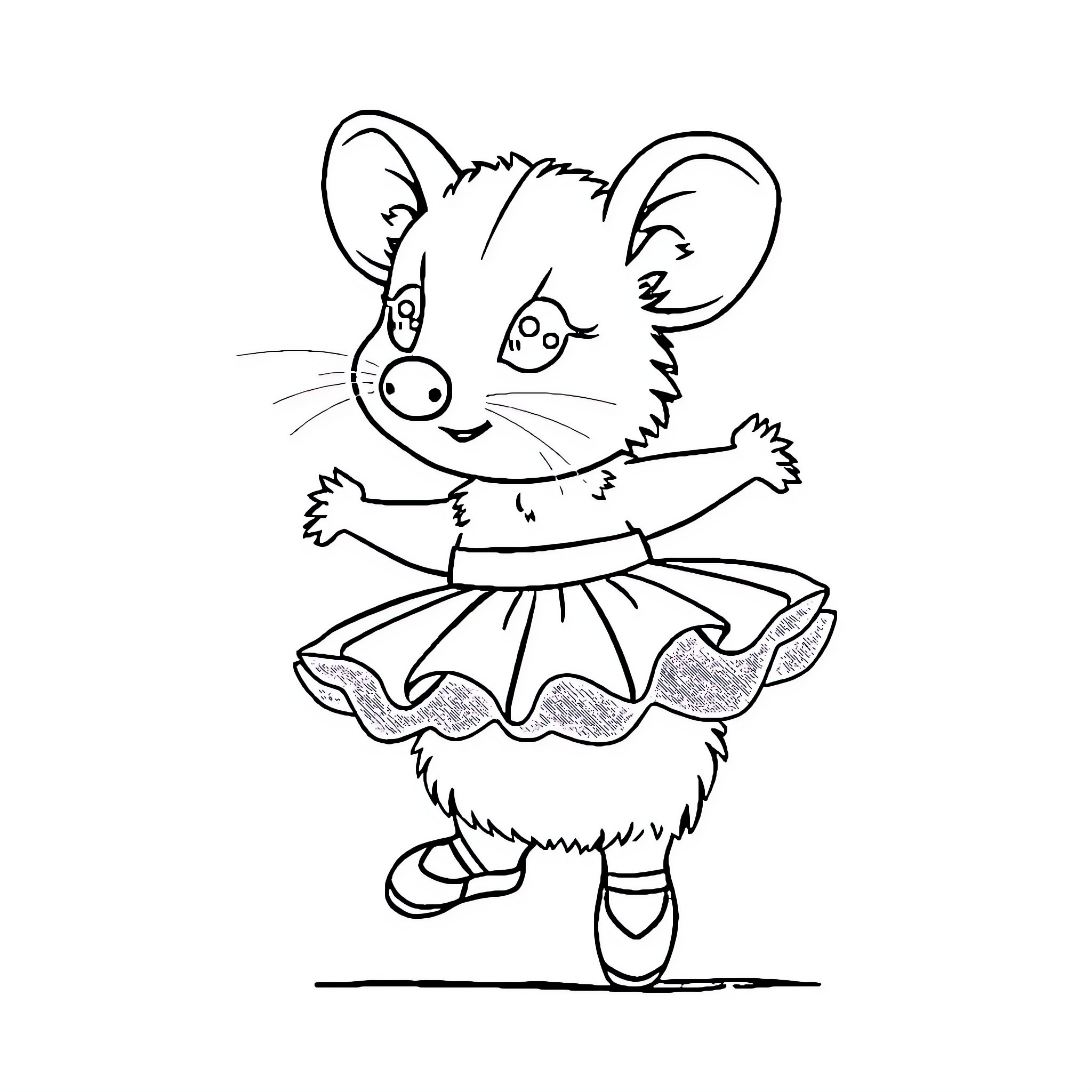 Possum dancing gracefully in a tutu Coloring Page (free black-and-white line drawing printable PDF for all, from beginners to advanced learners, including children, teens, adults, and seniors)