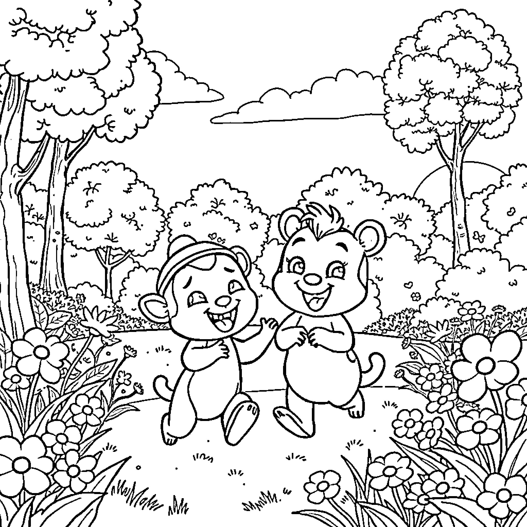 Labubu's Forest Adventure with Friends Coloring Page (free black-and-white line drawing printable PDF for all, from beginners to advanced learners, including children, teens, adults, and seniors)