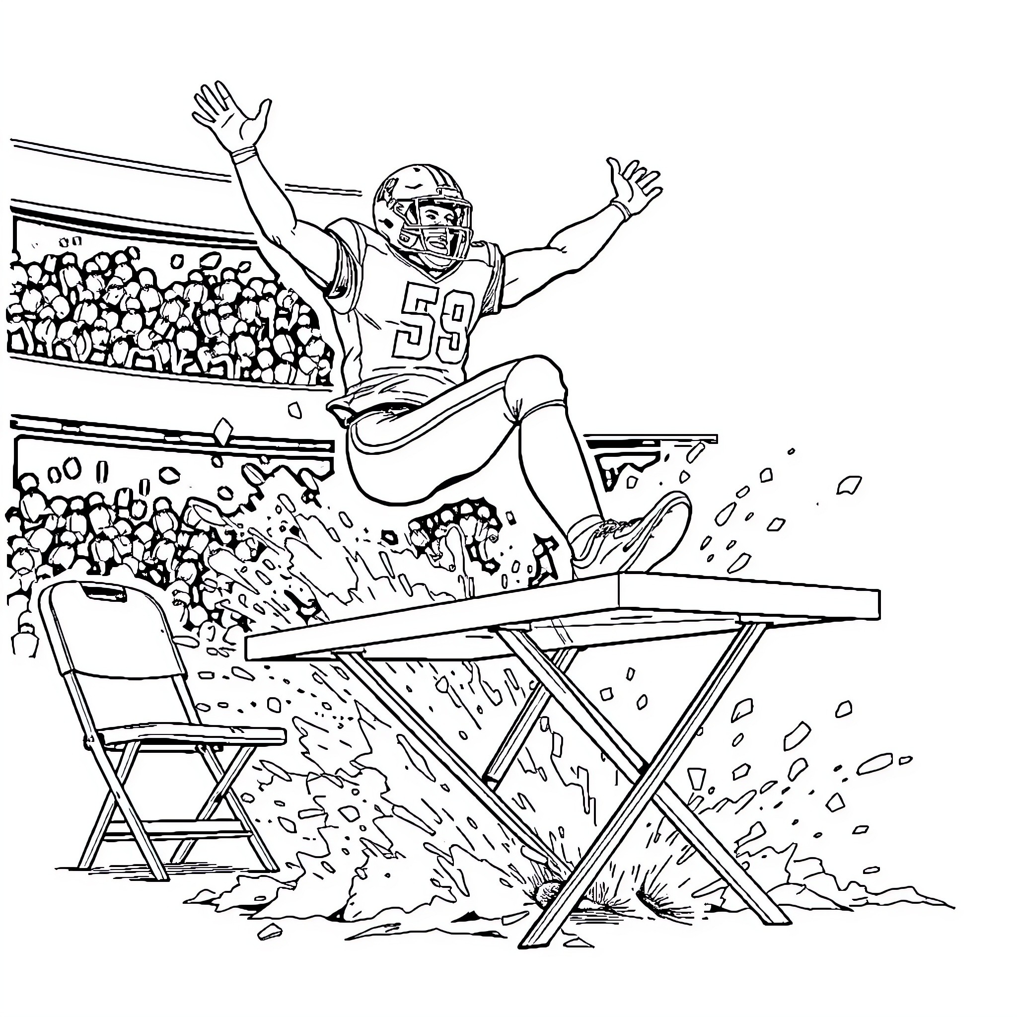 Josh Allen Celebrates Touchdown in Football Stadium Coloring Page (free black-and-white line drawing printable PDF for all, from beginners to advanced learners, including children, teens, adults, and seniors)