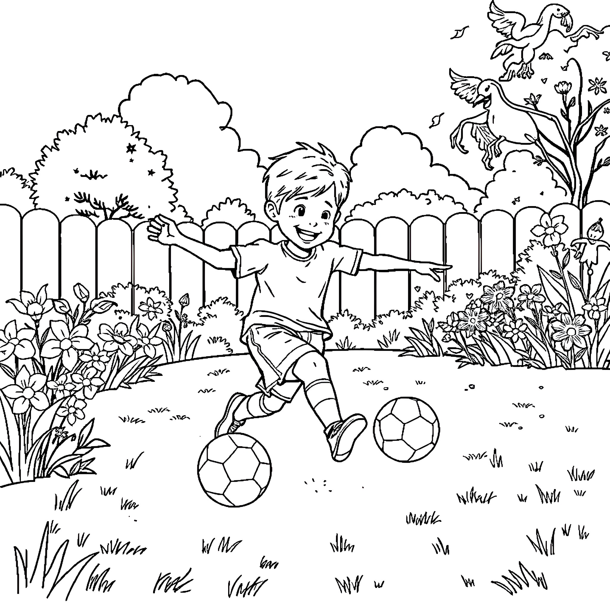 Boy playing joyfully with soccer balls in garden Coloring Page (free black-and-white line drawing printable PDF for all, from beginners to advanced learners, including children, teens, adults, and seniors)