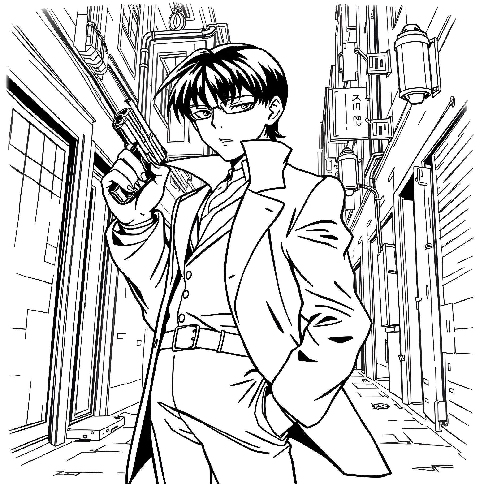Conan Edogawa investigating a mysterious case in the city Coloring Page (free black-and-white line drawing printable PDF for all, from beginners to advanced learners, including children, teens, adults, and seniors)