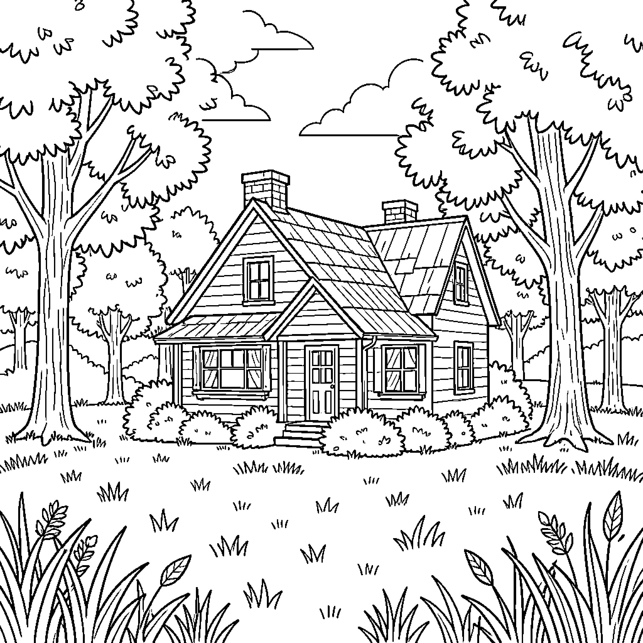 House in a Peaceful Forest Landscape Coloring Page (free black-and-white line drawing printable PDF for all, from beginners to advanced learners, including children, teens, adults, and seniors)