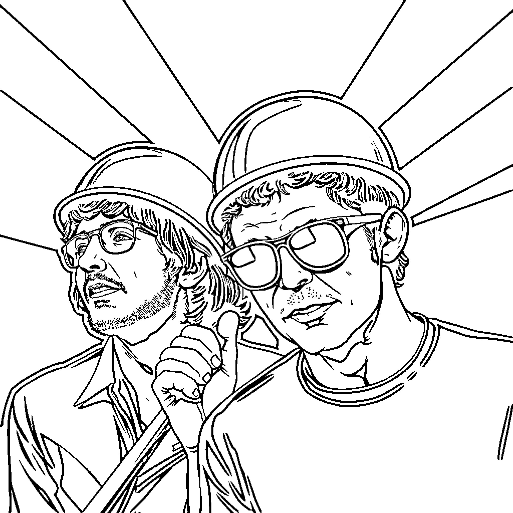 Devo band members in performance attire Coloring Page (free black-and-white line drawing printable PDF for all, from beginners to advanced learners, including children, teens, adults, and seniors)