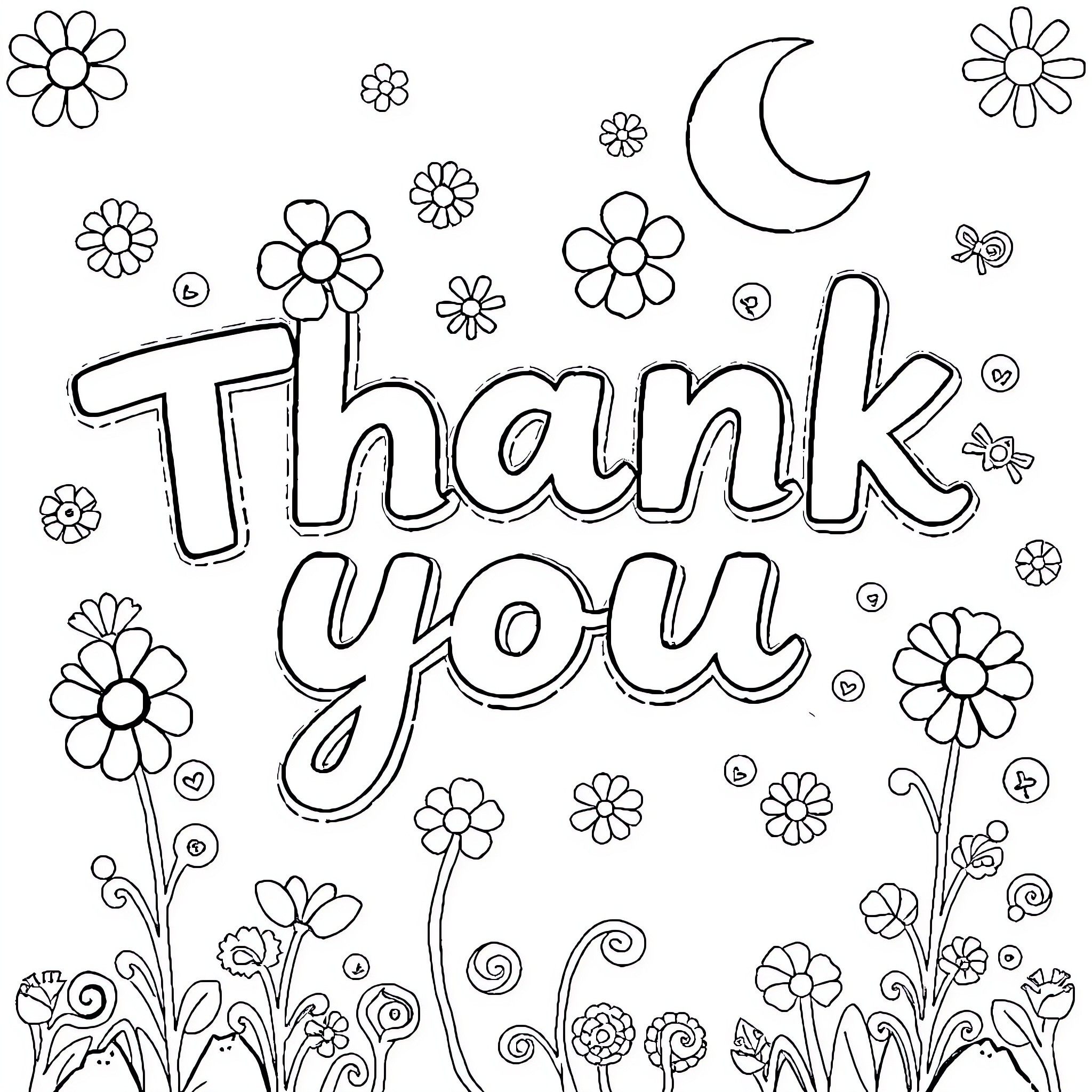 Thank You with Flowers and Crescent Moon Coloring Page (free black-and-white line drawing printable PDF for all, from beginners to advanced learners, including children, teens, adults, and seniors)