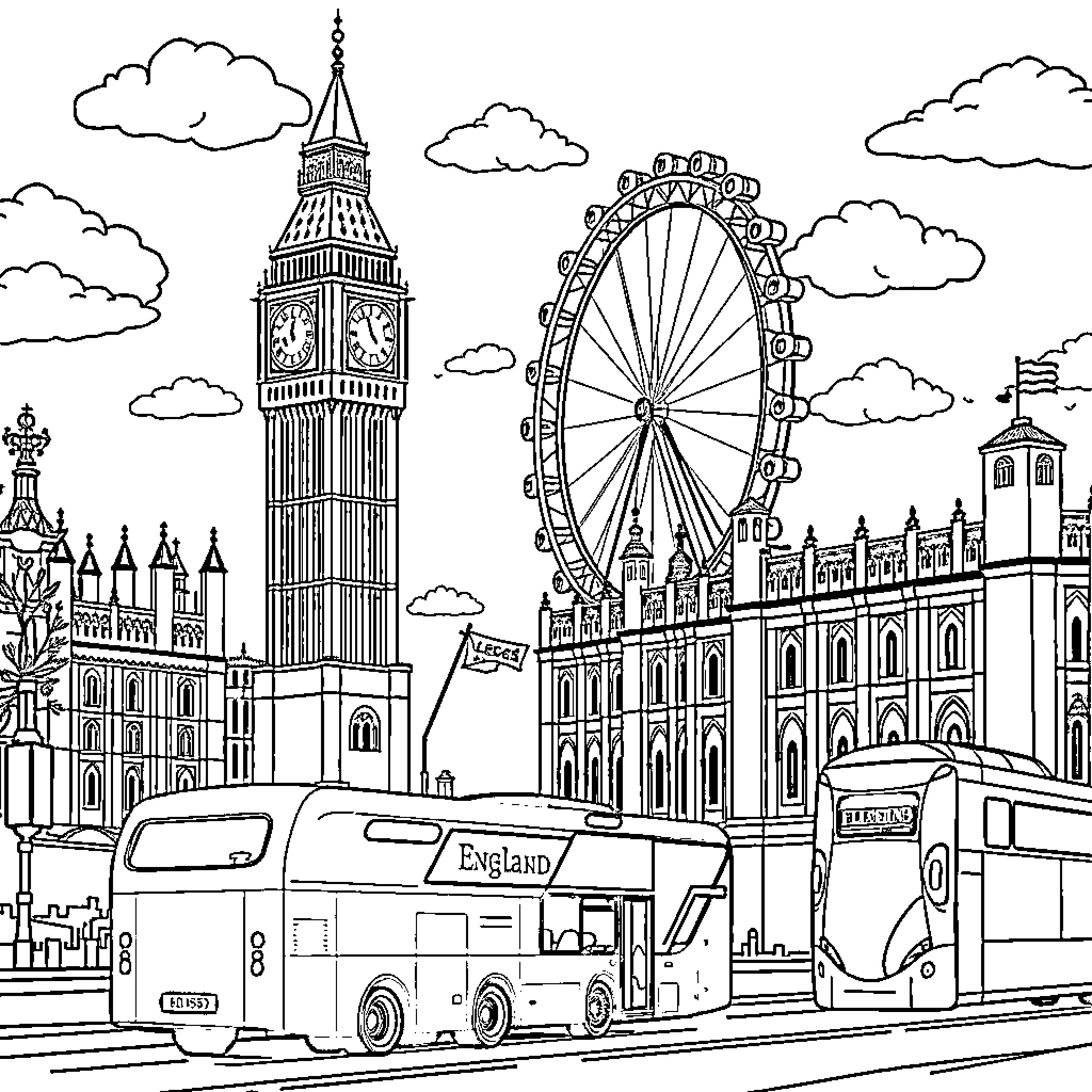 England's Iconic Skyline: Big Ben, London Eye, and Double-Decker Buses Coloring Page (free black-and-white line drawing printable PDF for all, from beginners to advanced learners, including children, teens, adults, and seniors)