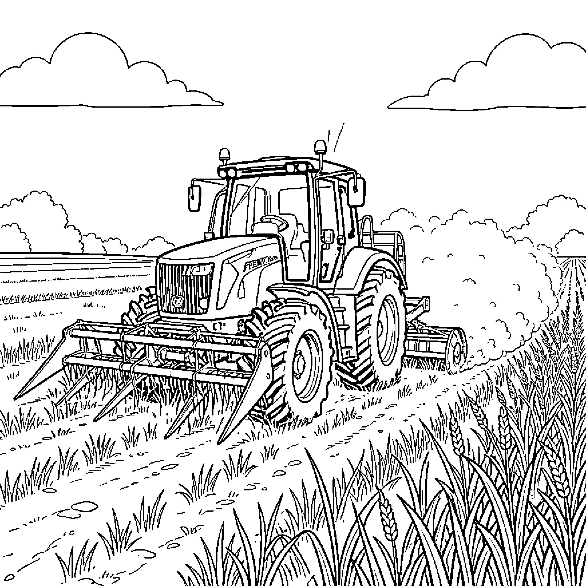 Fendt Katana tractor working in a farm field Coloring Page (free black-and-white line drawing printable PDF for all, from beginners to advanced learners, including children, teens, adults, and seniors)