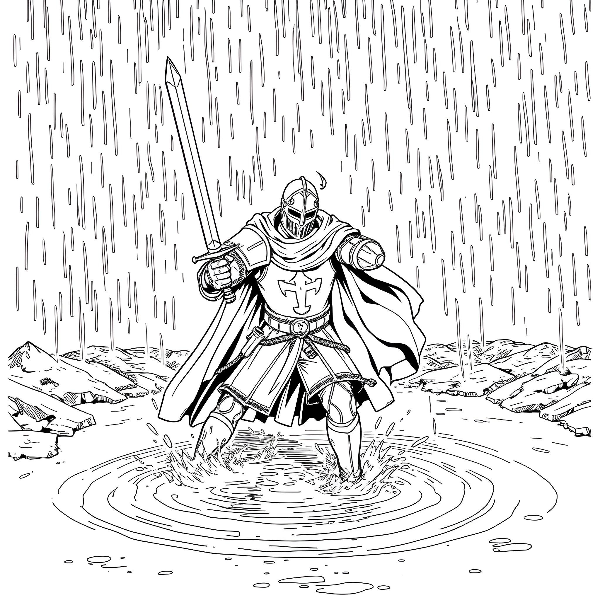 Knight standing firm in the rain Coloring Page (free black-and-white line drawing printable PDF for all, from beginners to advanced learners, including children, teens, adults, and seniors)