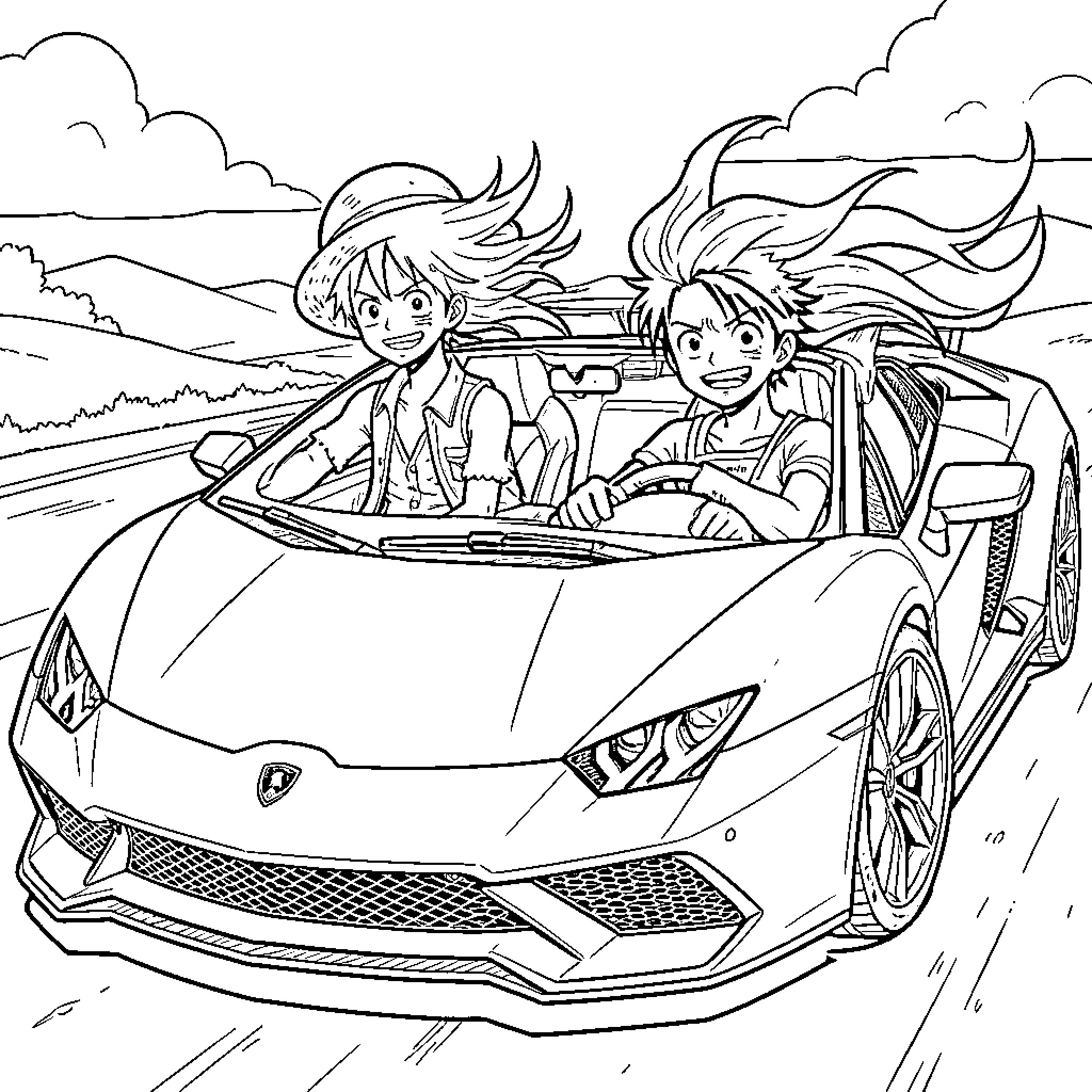 Luffy and companion smiling while driving a convertible car Coloring Page (free black-and-white line drawing printable PDF for all, from beginners to advanced learners, including children, teens, adults, and seniors)
