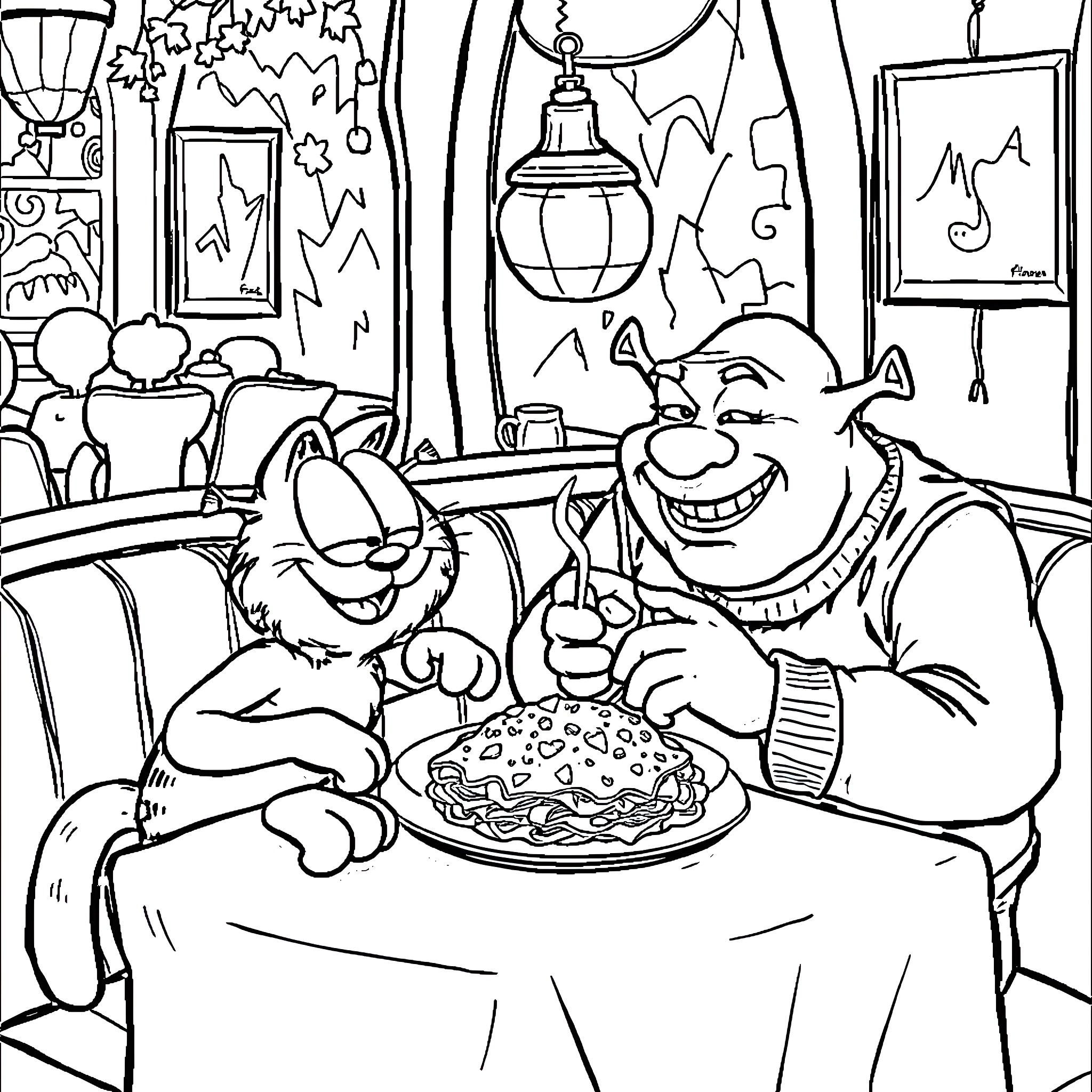 Garfield enjoying a delicious pie with a companion Coloring Page (free black-and-white line drawing printable PDF for all, from beginners to advanced learners, including children, teens, adults, and seniors)