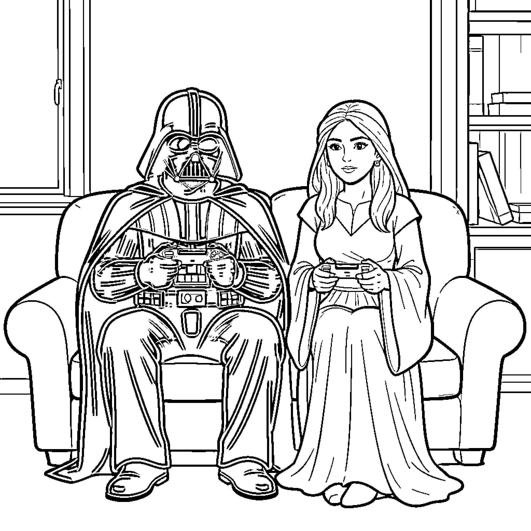 Darth Vader and a woman playing video games Coloring Page (free black-and-white line drawing printable PDF for all, from beginners to advanced learners, including children, teens, adults, and seniors)
