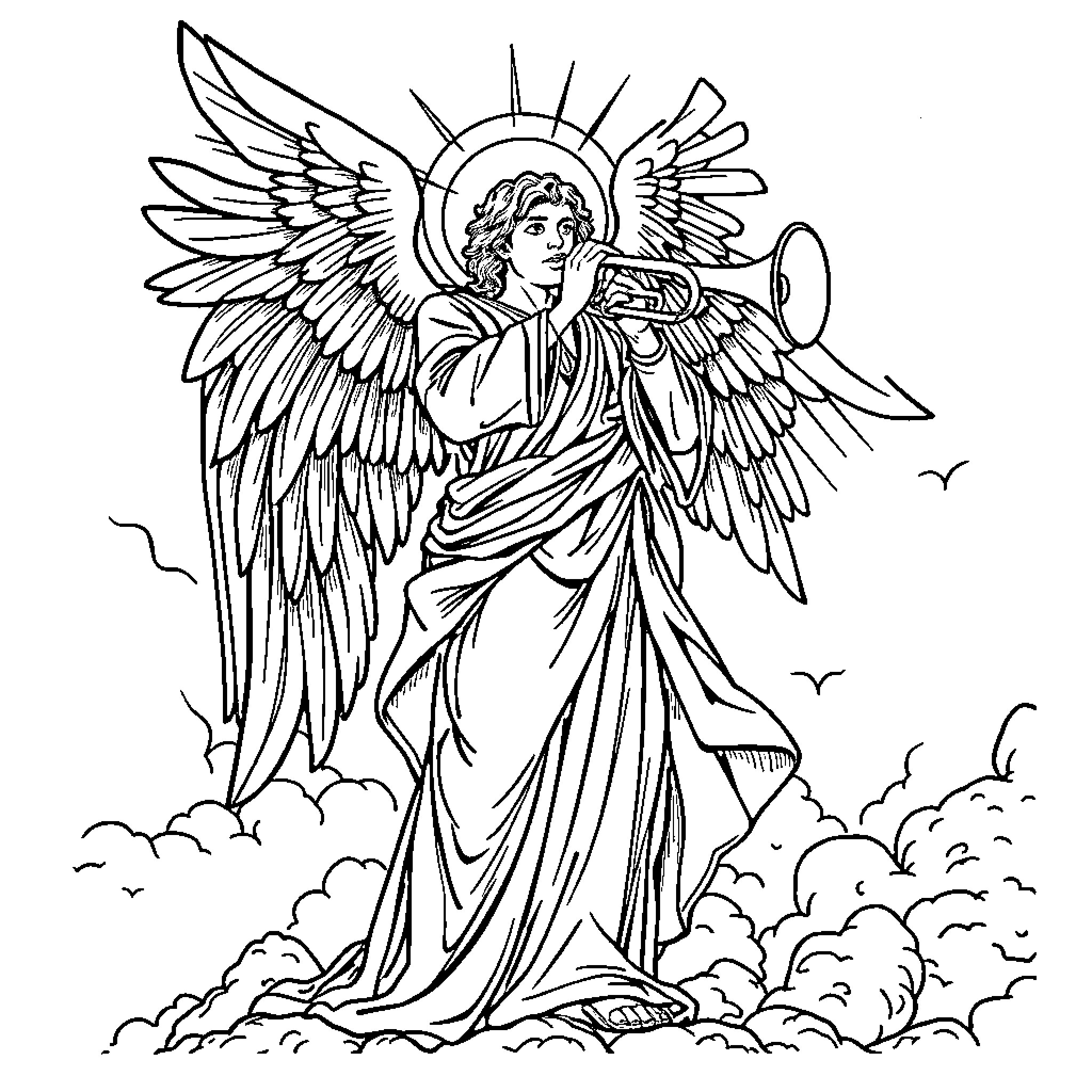 Archangel in Majestic Heavenly Attire Coloring Page (free black-and-white line drawing printable PDF for all, from beginners to advanced learners, including children, teens, adults, and seniors)