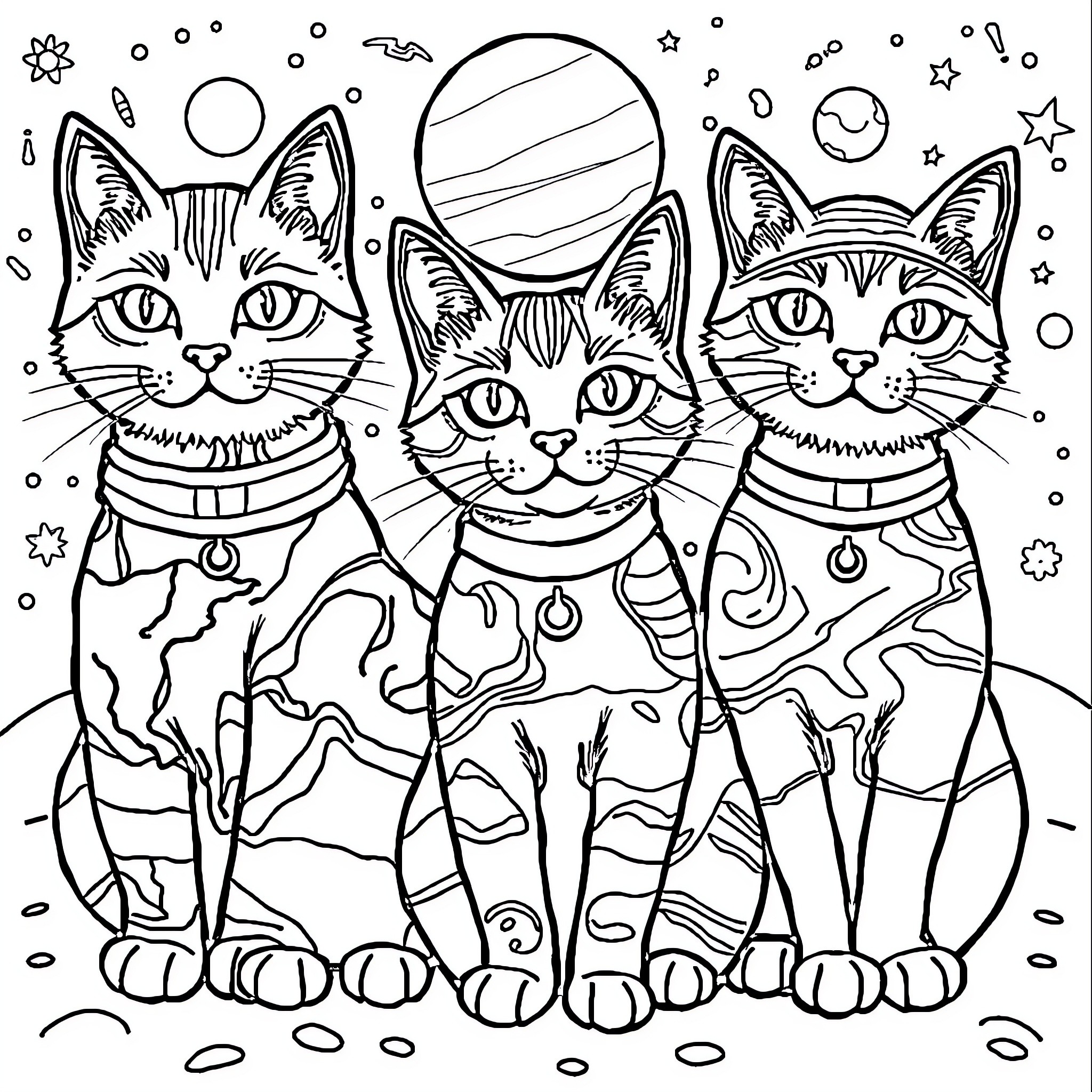 Cats in Cosmic Outfits Coloring Page (free black-and-white line drawing printable PDF for all, from beginners to advanced learners, including children, teens, adults, and seniors)