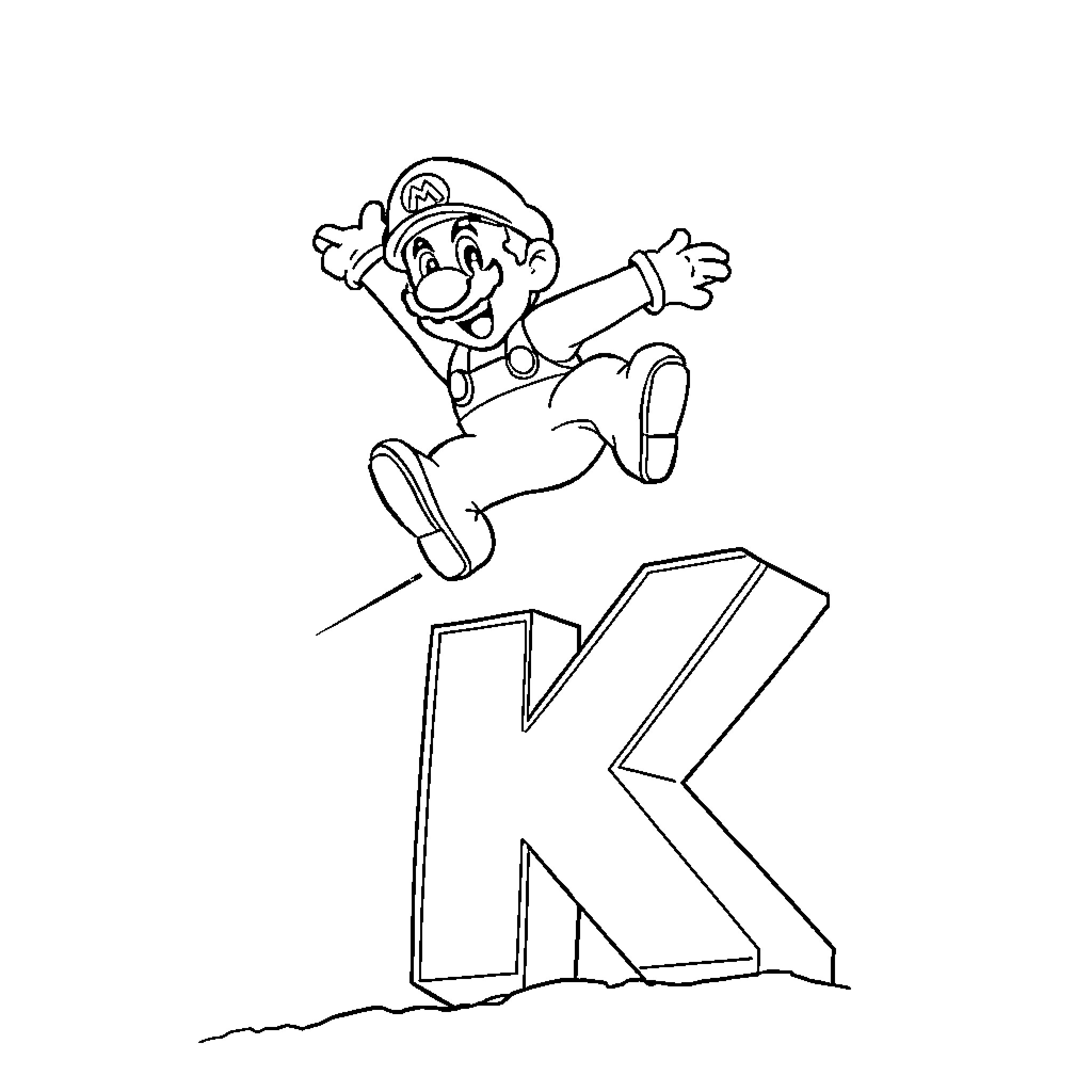 Super Mario jumping over the letter 'K' Coloring Page (free black-and-white line drawing printable PDF for all, from beginners to advanced learners, including children, teens, adults, and seniors)